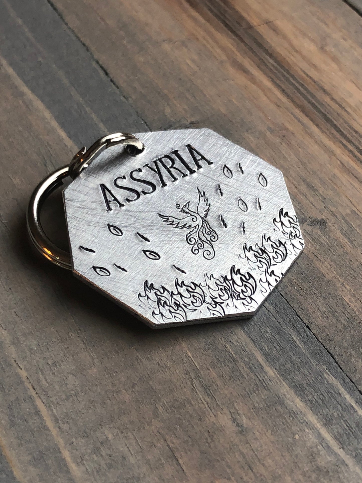 Name Tag for Dog, Hand Stamped Pet ID Tag, Phoenix Rising from the Flames, Personalized Dog Tag for Dog, Mythical Tag, Dragon