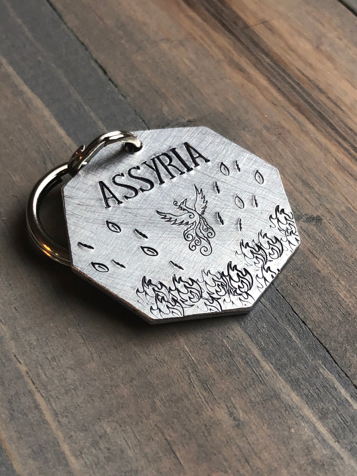 Name Tag for Dog, Hand Stamped Pet ID Tag, Phoenix Rising from the Flames, Personalized Dog Tag for Dog, Mythical Tag, Dragon