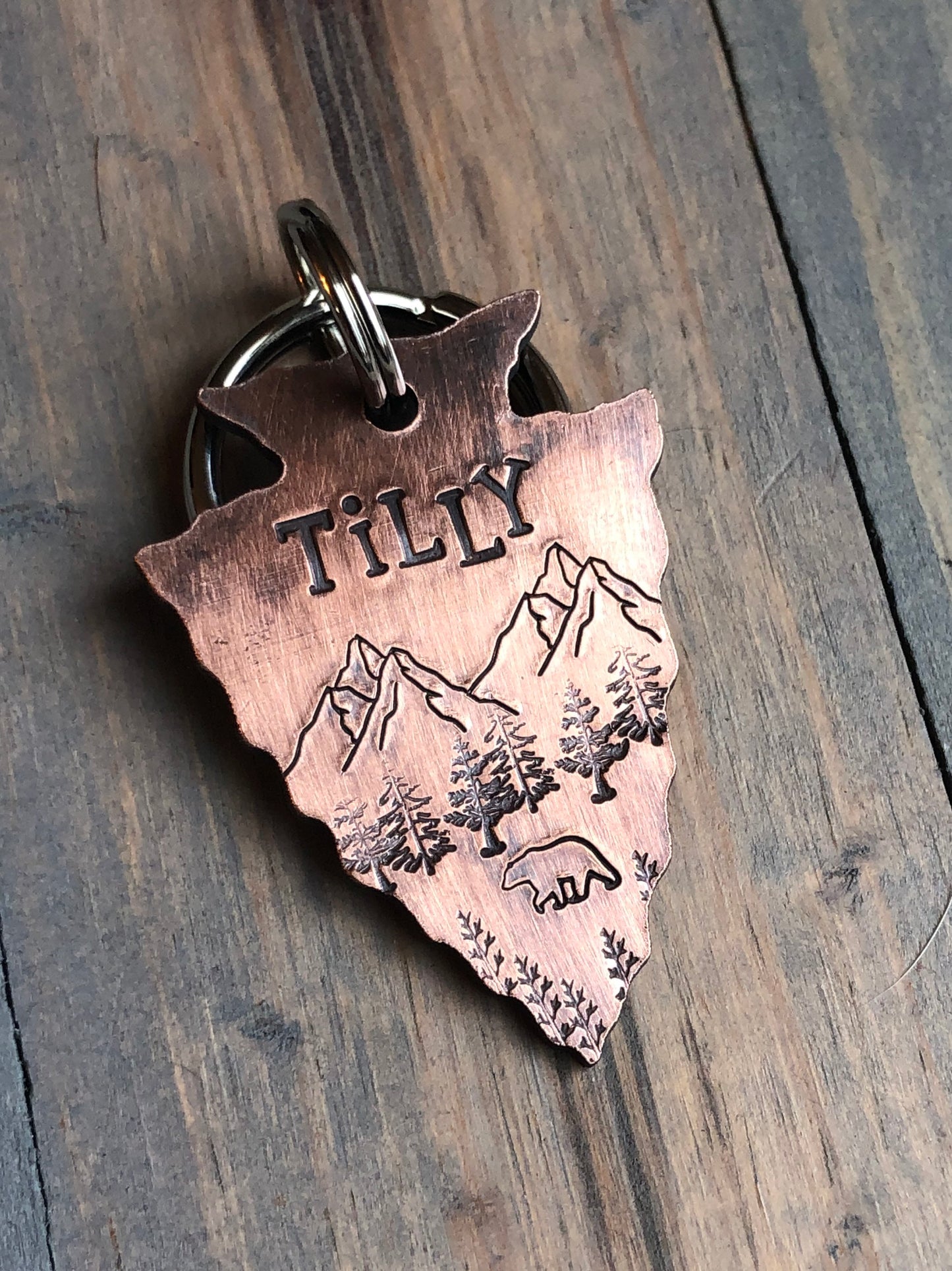 Custom Arrowhead Dog Tag, Hand Stamped Pet ID, Grizzly Bear, Personalized Dog Tag for Dog, Arrowhead Dog Tag with Bear
