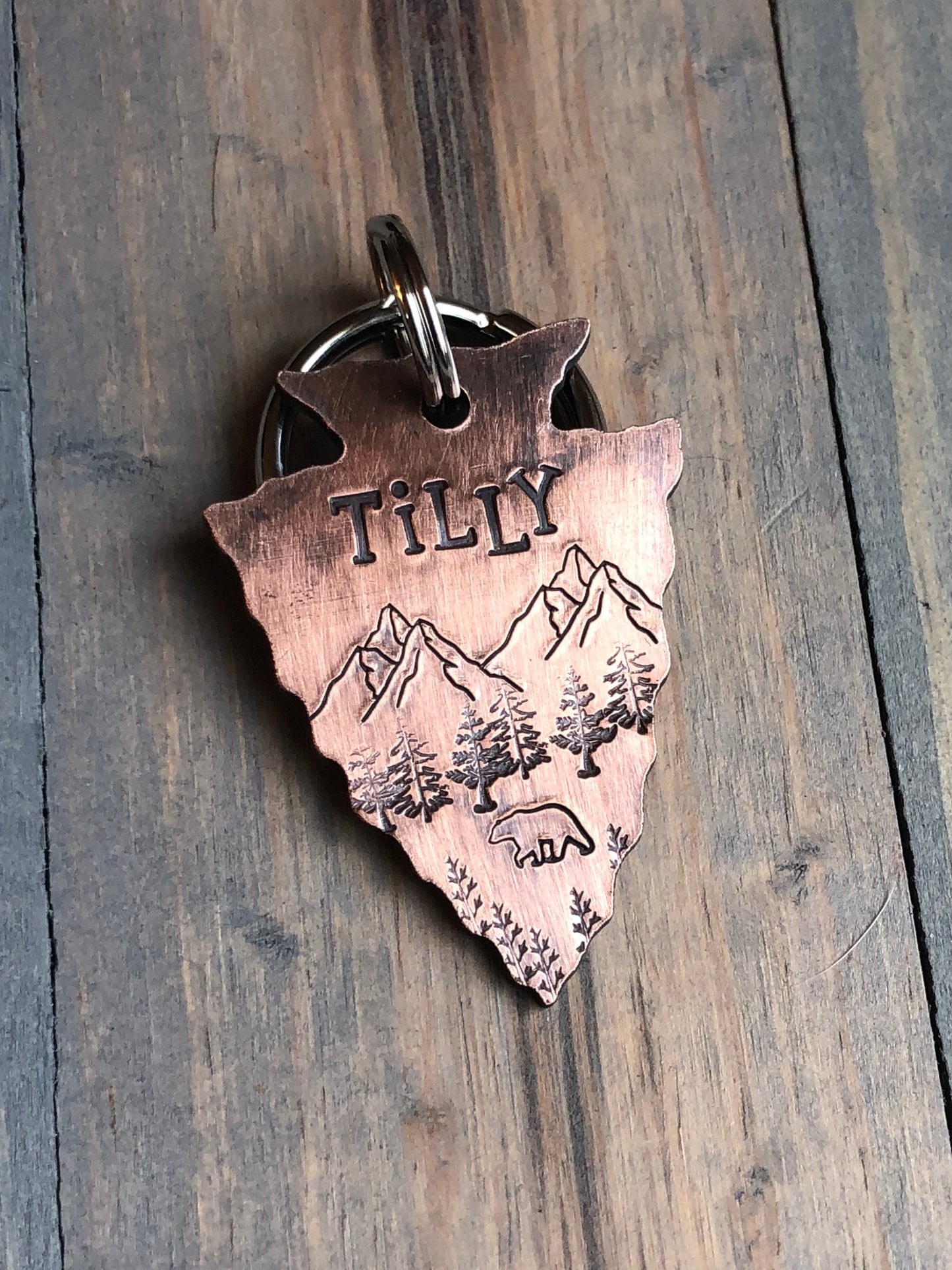 Custom Arrowhead Dog Tag, Hand Stamped Pet ID, Grizzly Bear, Personalized Dog Tag for Dog, Arrowhead Dog Tag with Bear