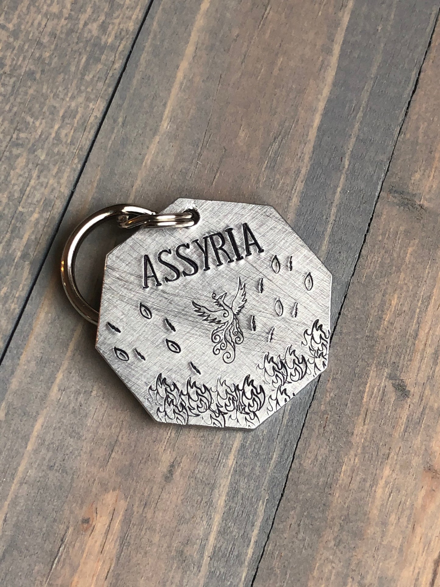 Name Tag for Dog, Hand Stamped Pet ID Tag, Phoenix Rising from the Flames, Personalized Dog Tag for Dog, Mythical Tag, Dragon