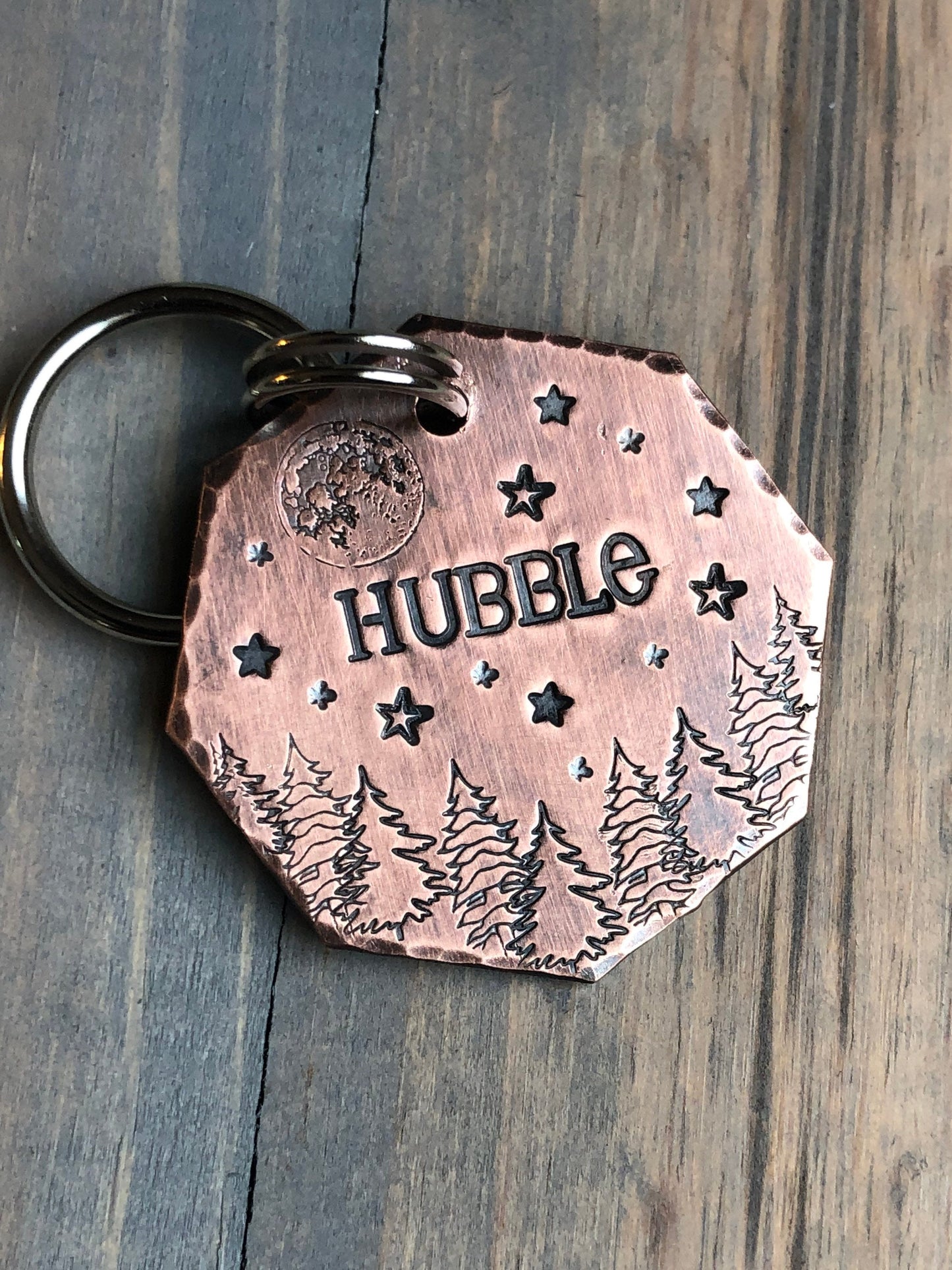 Name Tag for Dog, Hand Stamped Pet ID Tag, Dog ID Tag with Full Moon and Trees, Personalized Dog Tag for Dog, Hubble, Celestial Pet Tag Star