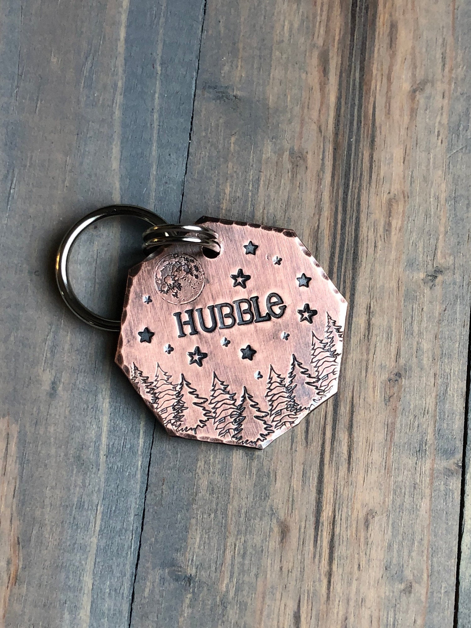 Name Tag for Dog, Hand Stamped Pet ID Tag, Dog ID Tag with Full Moon and Trees, Personalized Dog Tag for Dog, Hubble, Celestial Pet Tag Star