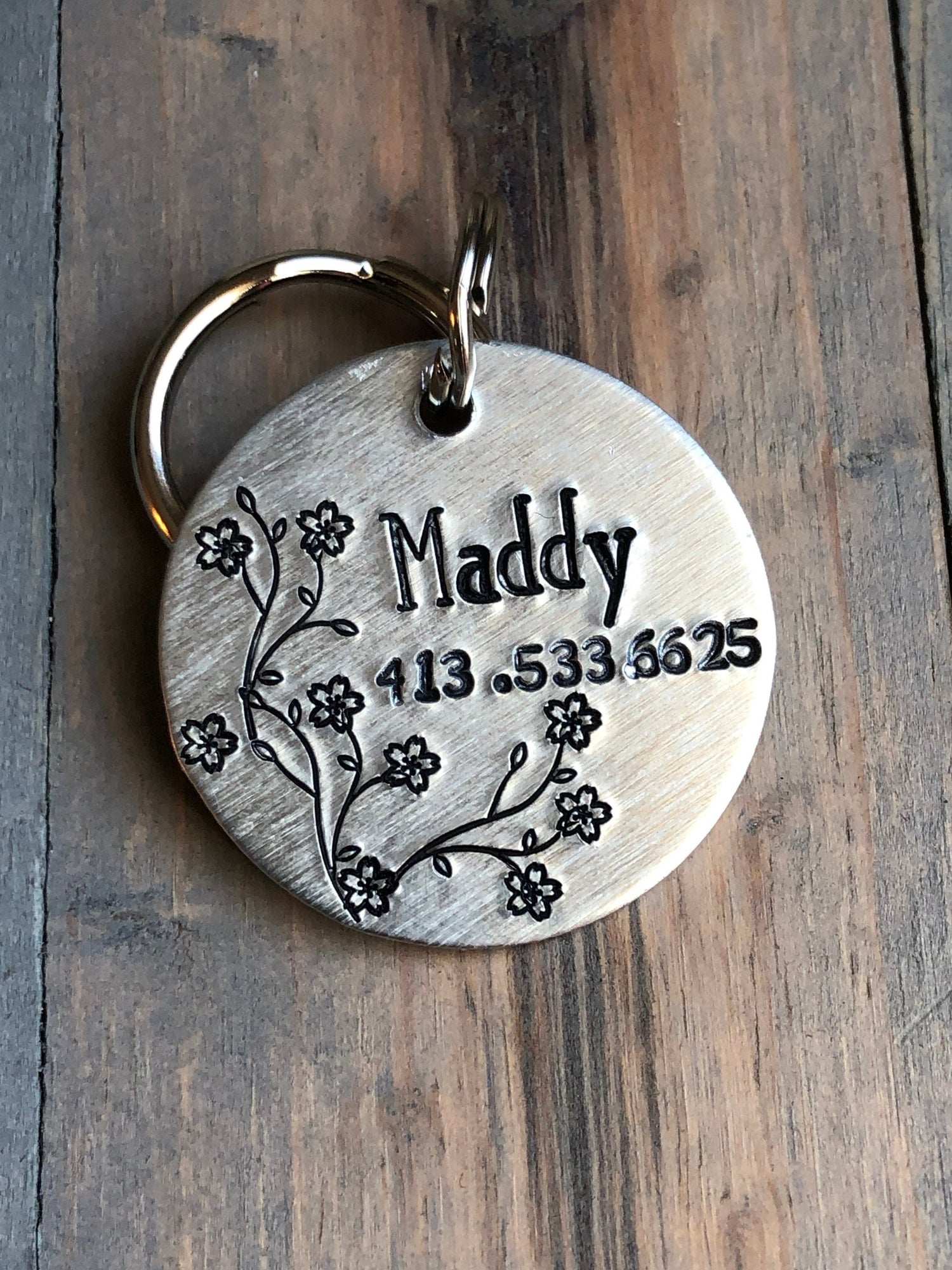 Name Tag for Dog, Hand Stamped Pet ID Tag, Cherry Blossoms, Personalized Dog Tag for Dog, Floral Dog Tag, Springtime Dog Tag