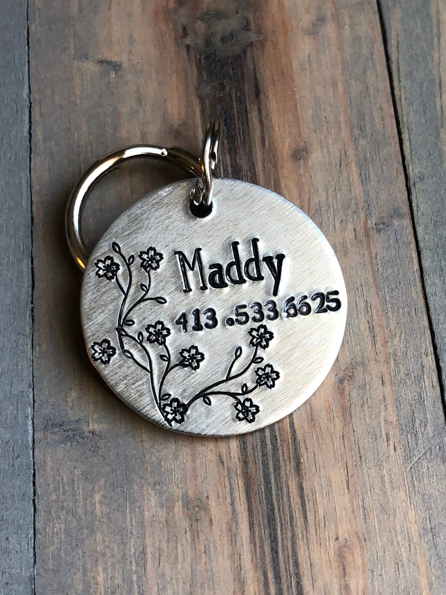 Name Tag for Dog, Hand Stamped Pet ID Tag, Cherry Blossoms, Personalized Dog Tag for Dog, Floral Dog Tag, Springtime Dog Tag