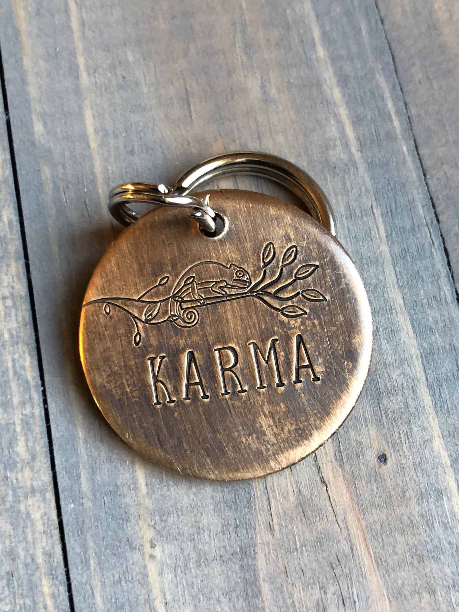 Name Tag for Dog, Hand Stamped Pet ID Tag, Chameleon, Personalized Dog Tag for Dog, Lizard Dog Tag, Rain Forest Dog Tag