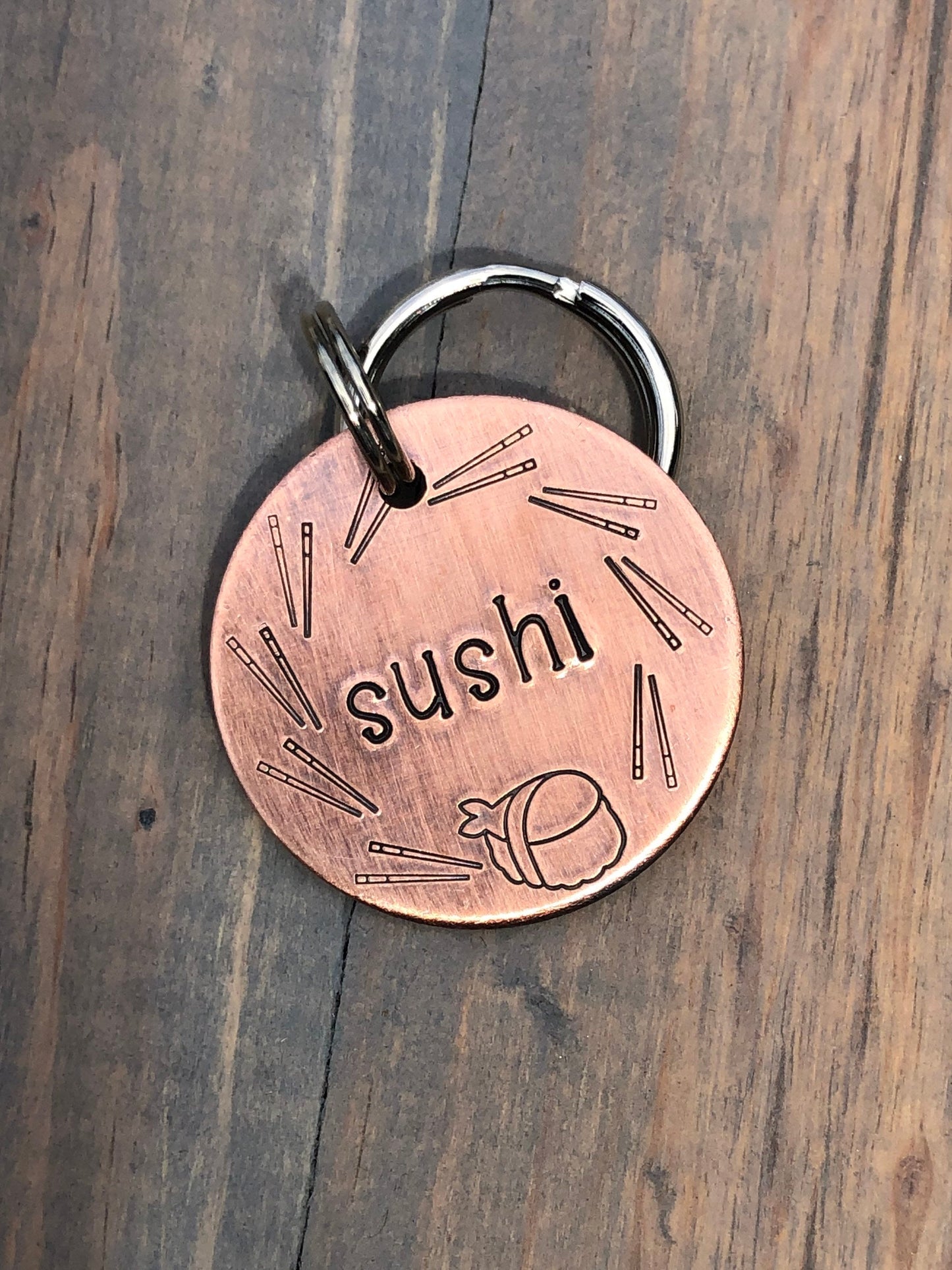 Name Tag for Dog, Hand Stamped Pet ID Tag, Sushi, sushi roll Personalized Dog Tag for Dog, Dog Tag with chop sticks