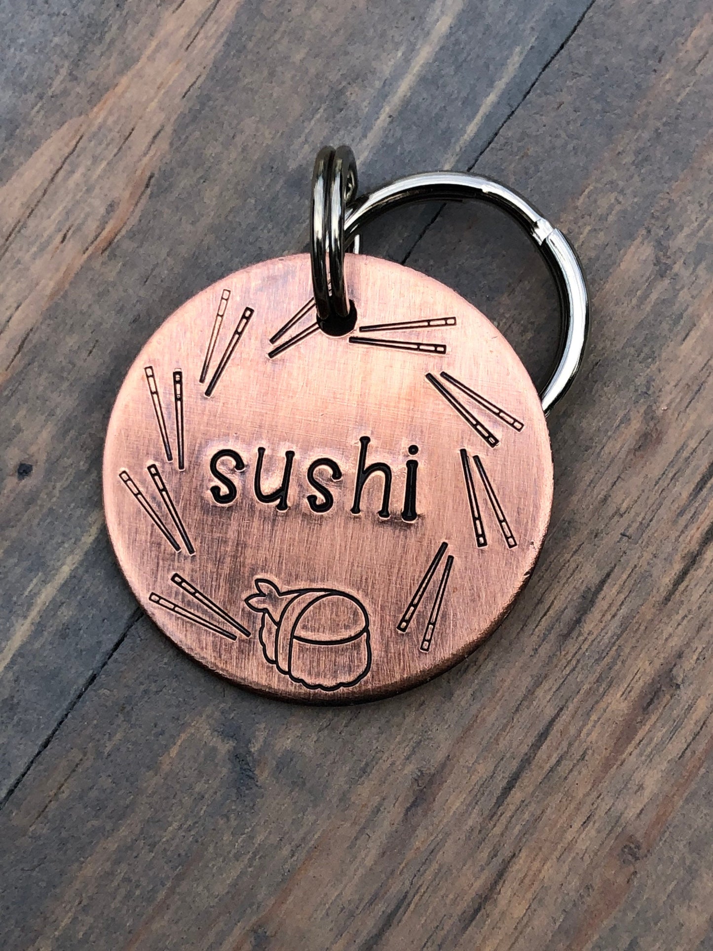 Name Tag for Dog, Hand Stamped Pet ID Tag, Sushi, sushi roll Personalized Dog Tag for Dog, Dog Tag with chop sticks