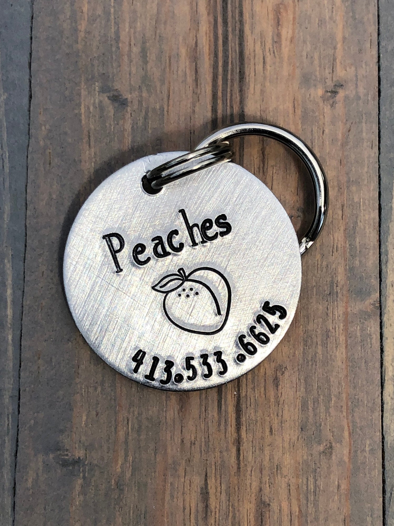 Name Tag for Dog, Hand Stamped Pet ID Tag, Peaches, Peach Personalized Dog Tag for Dog, Fruit Dog Tag,  Dog Tag with Peach