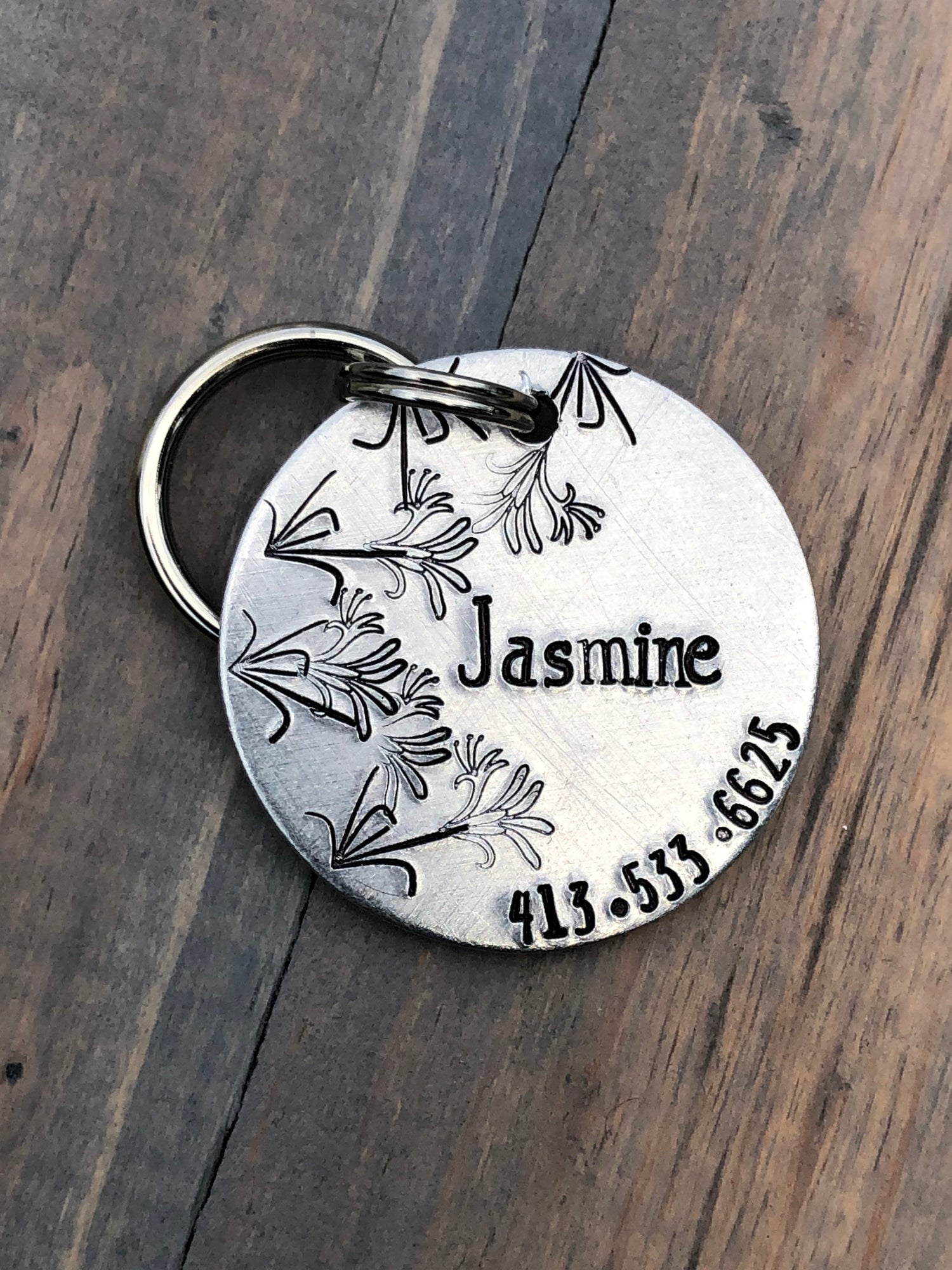 Name Tag for Dog, Hand Stamped Pet ID Tag, Jasmine, Jasmine flower Personalized Dog Tag for Dog, Floral Dog Tag,  Dog Tag with Jasmine