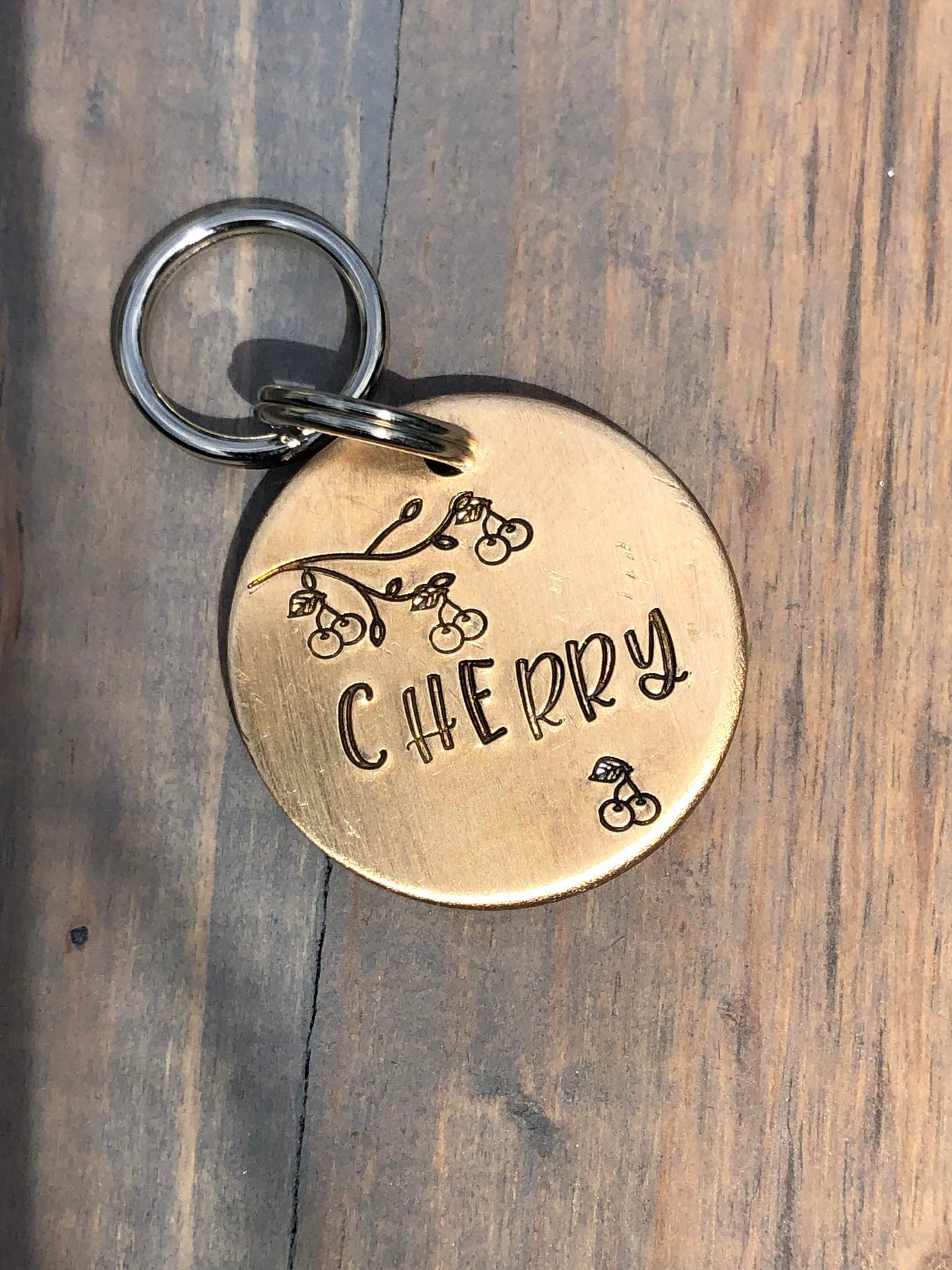 Name Tag for Dog, Hand Stamped Pet ID Tag, Personalized dog Tag with Cherries, Cherry