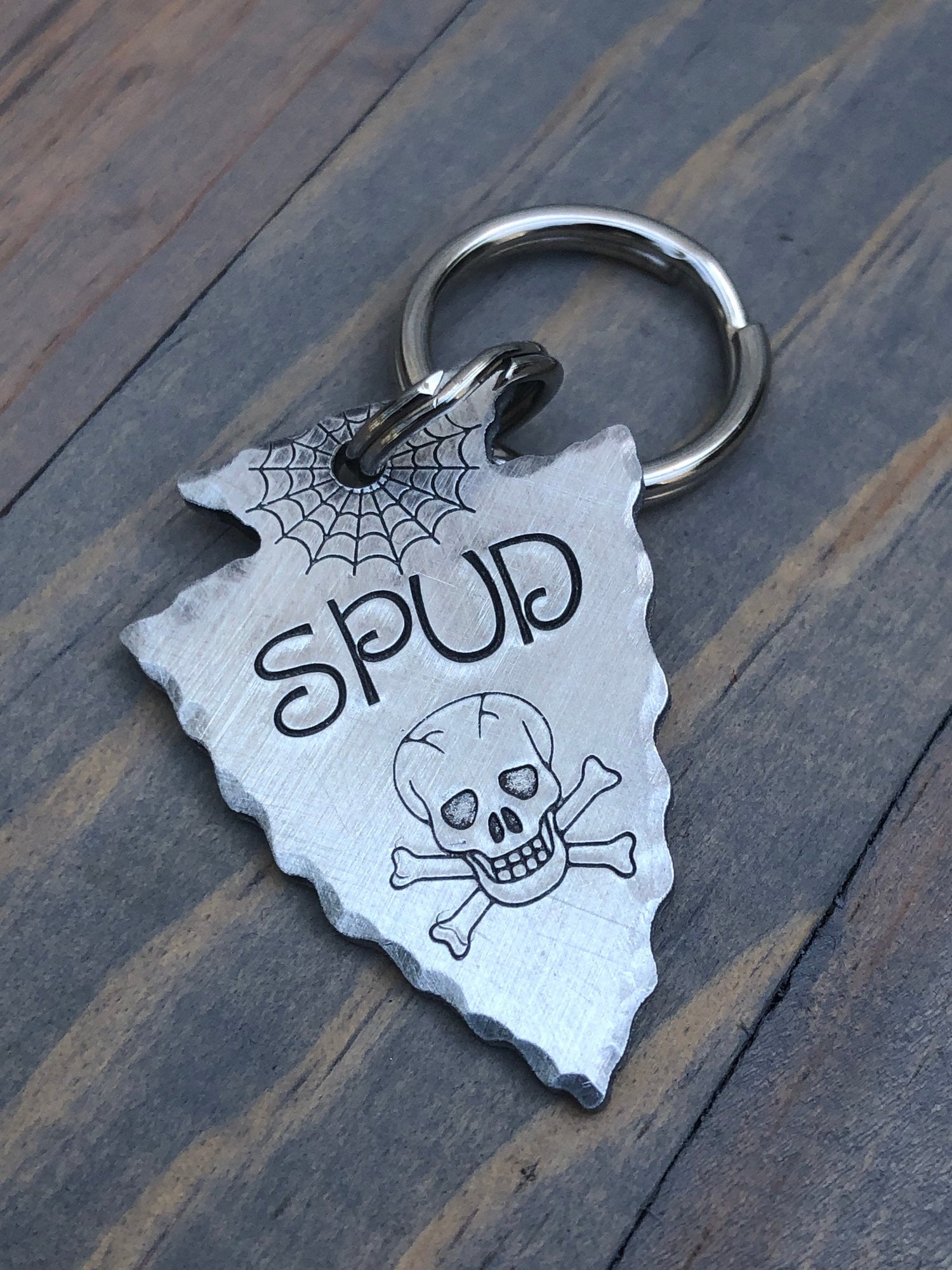 Custom Arrowhead Dog Tag, Hand Stamped Pet ID, Personalized Dog Tag for Dog, Skull & Crossbones, Spider Web, Dog Tag