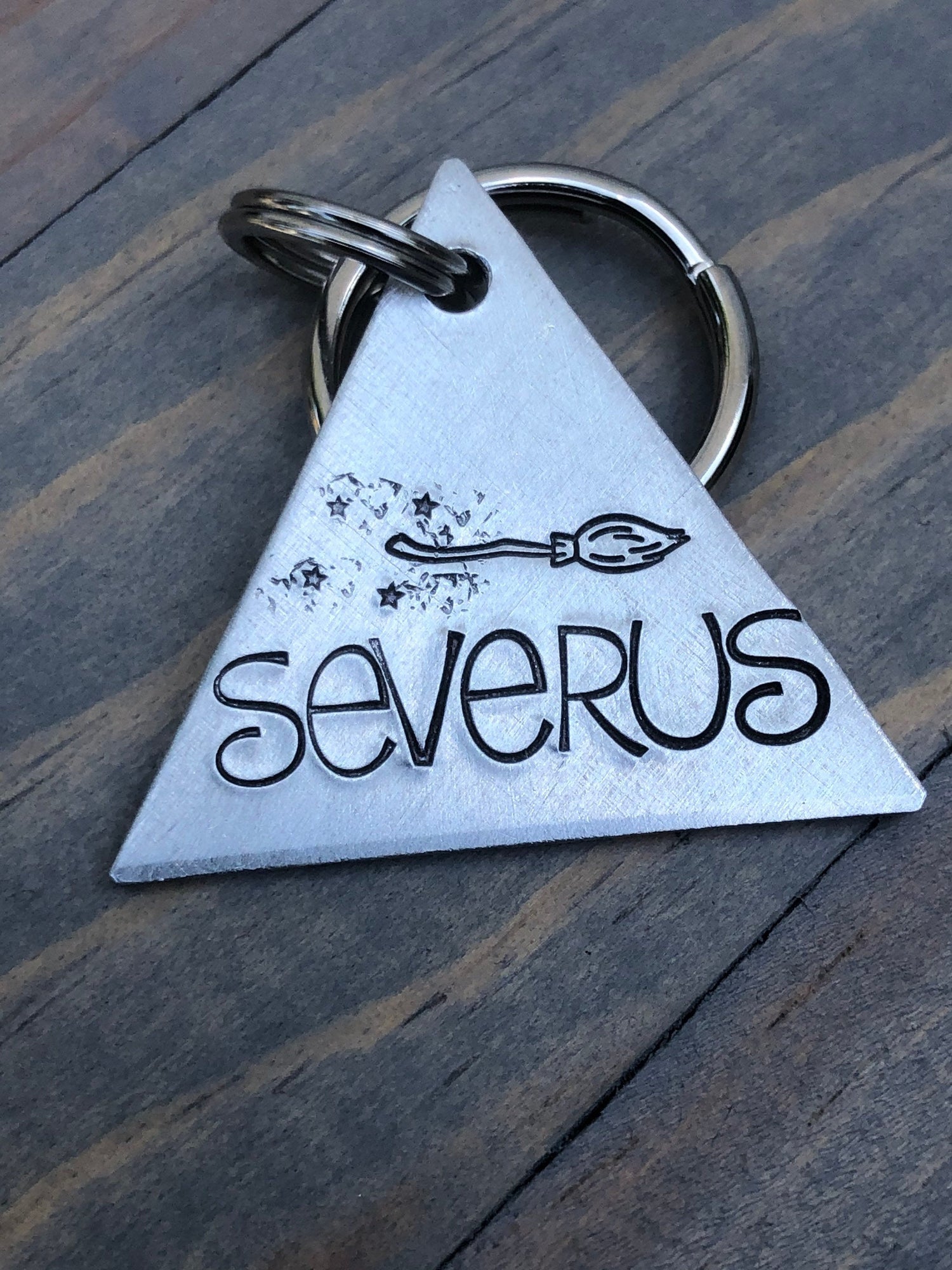 Flying Broomstick Dog Tag, Custom Triangle Dog Tag, Hand Stamped Pet ID, Personalized Dog Tag for Dog, Magic Broom, Severus