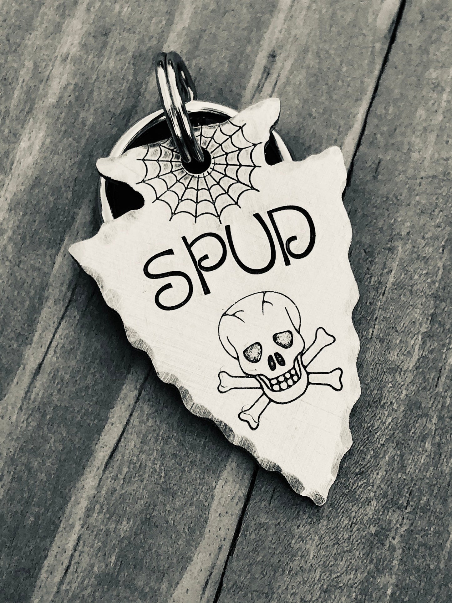 Custom Arrowhead Dog Tag, Hand Stamped Pet ID, Personalized Dog Tag for Dog, Skull & Crossbones, Spider Web, Dog Tag