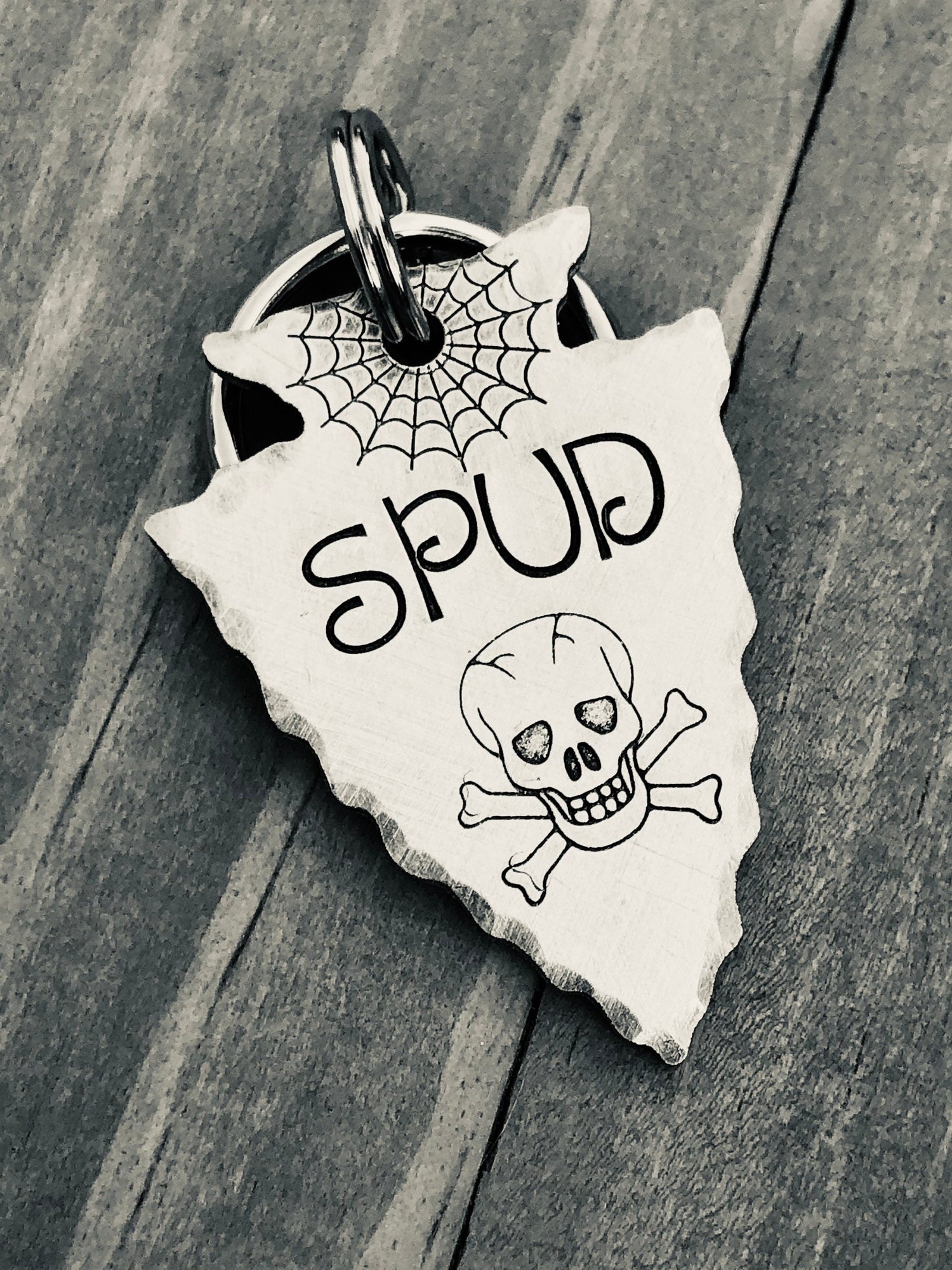 Custom Arrowhead Dog Tag, Hand Stamped Pet ID, Personalized Dog Tag for Dog, Skull & Crossbones, Spider Web, Dog Tag