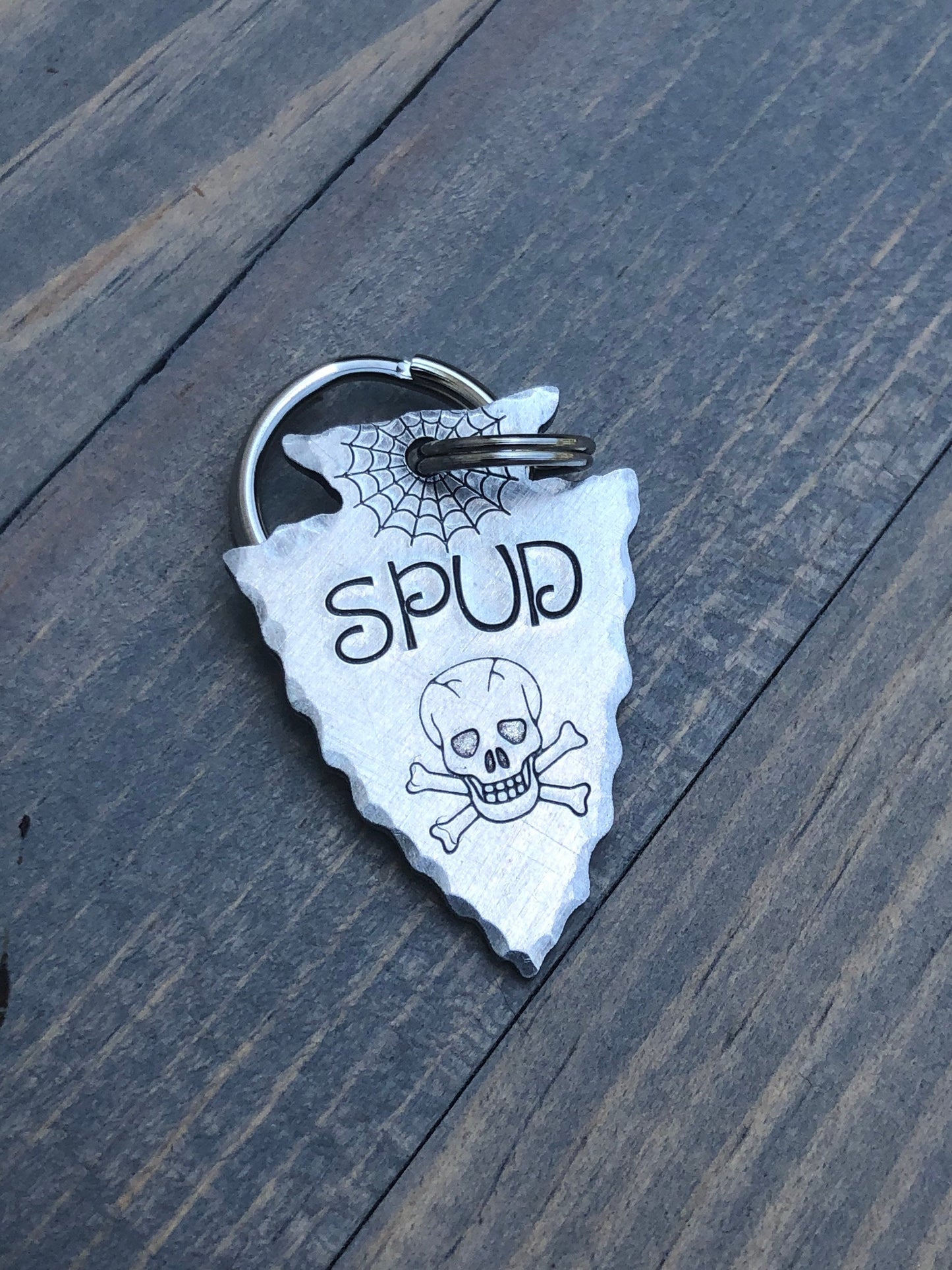 Custom Arrowhead Dog Tag, Hand Stamped Pet ID, Personalized Dog Tag for Dog, Skull & Crossbones, Spider Web, Dog Tag