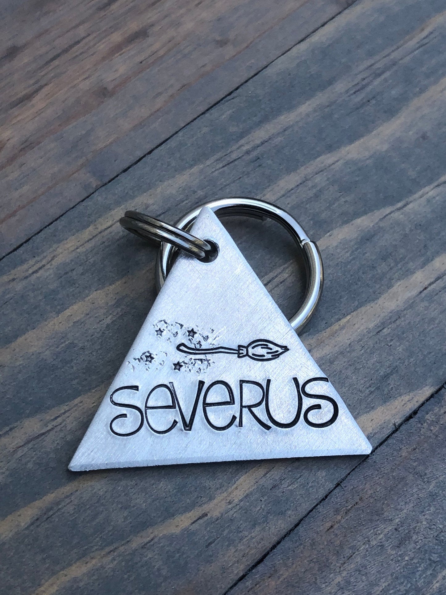 Flying Broomstick Dog Tag, Custom Triangle Dog Tag, Hand Stamped Pet ID, Personalized Dog Tag for Dog, Magic Broom, Severus