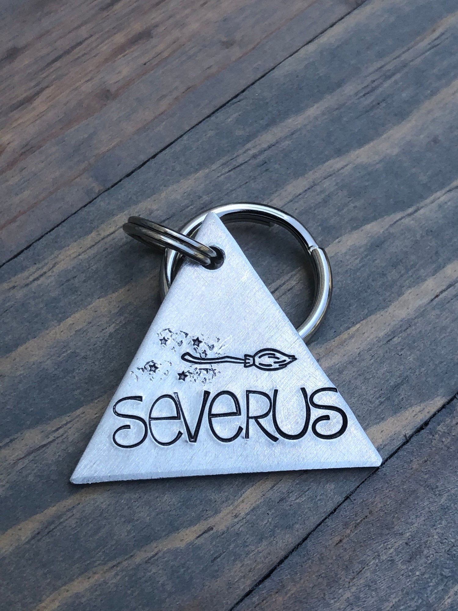 Flying Broomstick Dog Tag, Custom Triangle Dog Tag, Hand Stamped Pet ID, Personalized Dog Tag for Dog, Magic Broom, Severus