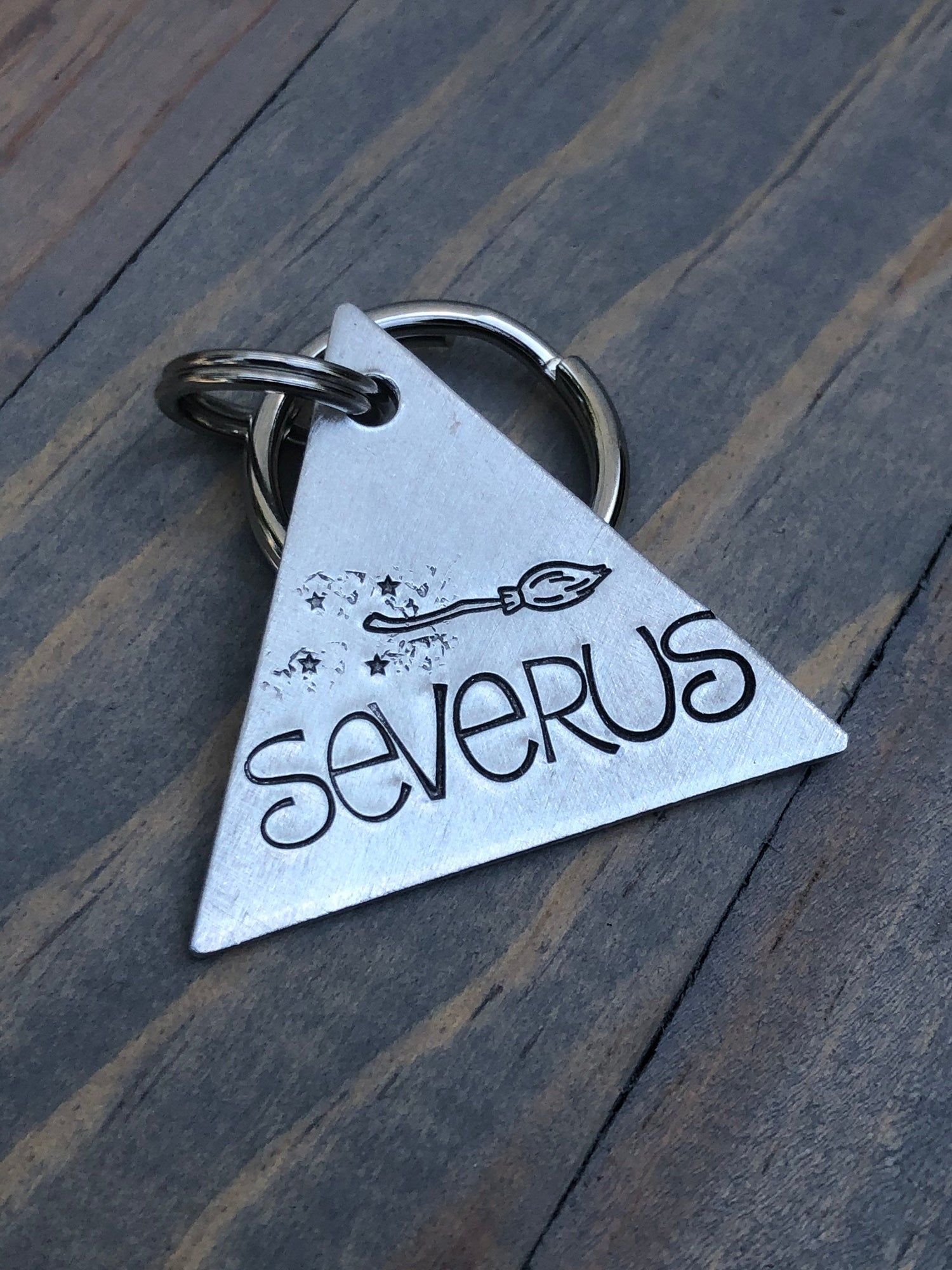 Flying Broomstick Dog Tag, Custom Triangle Dog Tag, Hand Stamped Pet ID, Personalized Dog Tag for Dog, Magic Broom, Severus