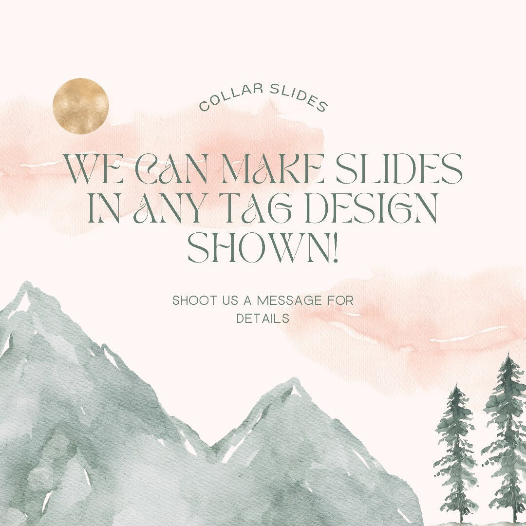 Quiet Slide Dog Tag, Silent Dog Tag, No Noise Dog Tag, Quiet Harness Slide, Cactus, Desert Dog Tag, Pet ID w/Mountains and Cactus