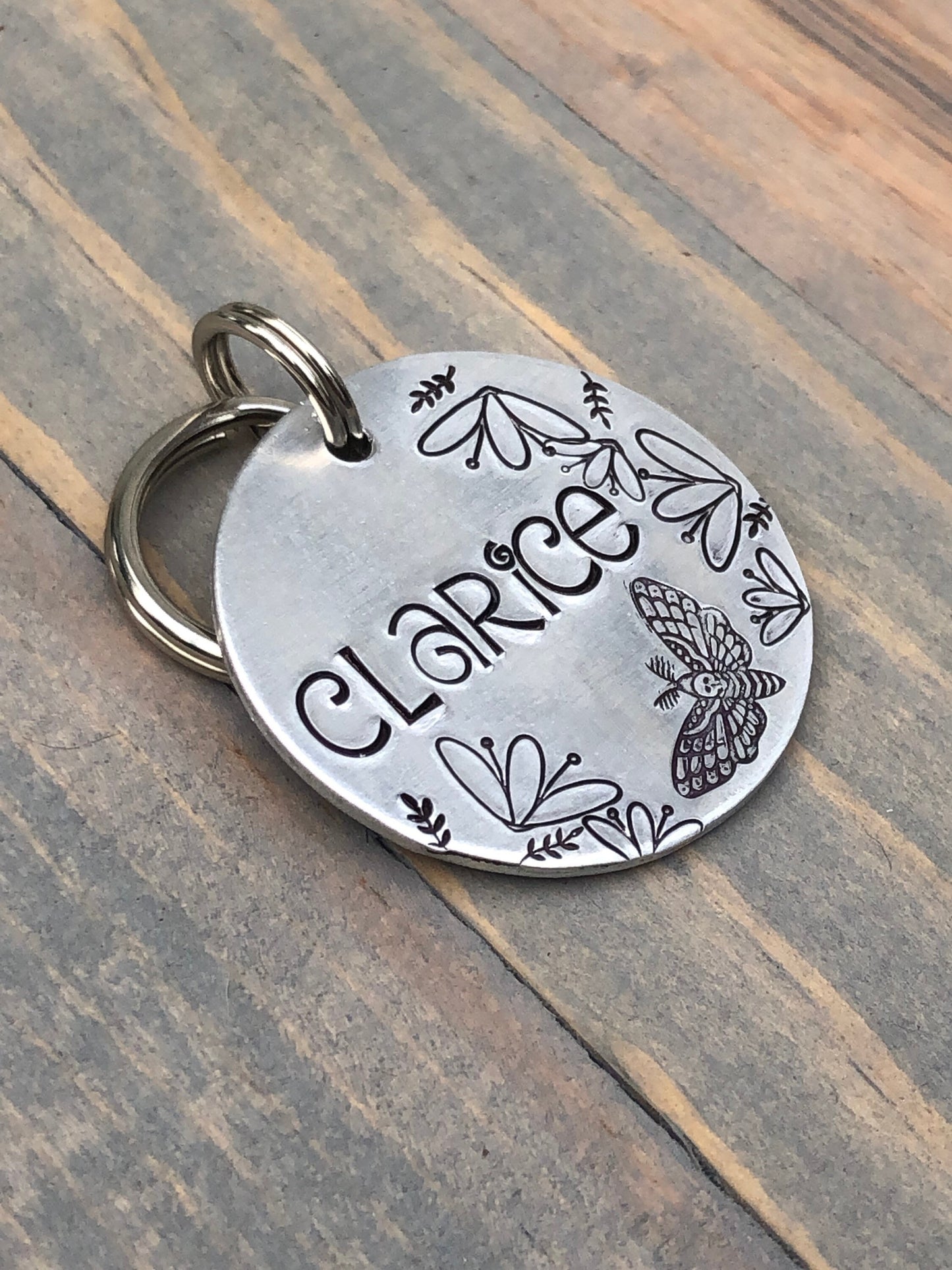 Death Moth Name Tag for Dog, Hand Stamped Pet ID Tag, Dog Tag with flowers & butterfly, Personalized Dog Tag for Dog, Hawkmoth Dog Tag,