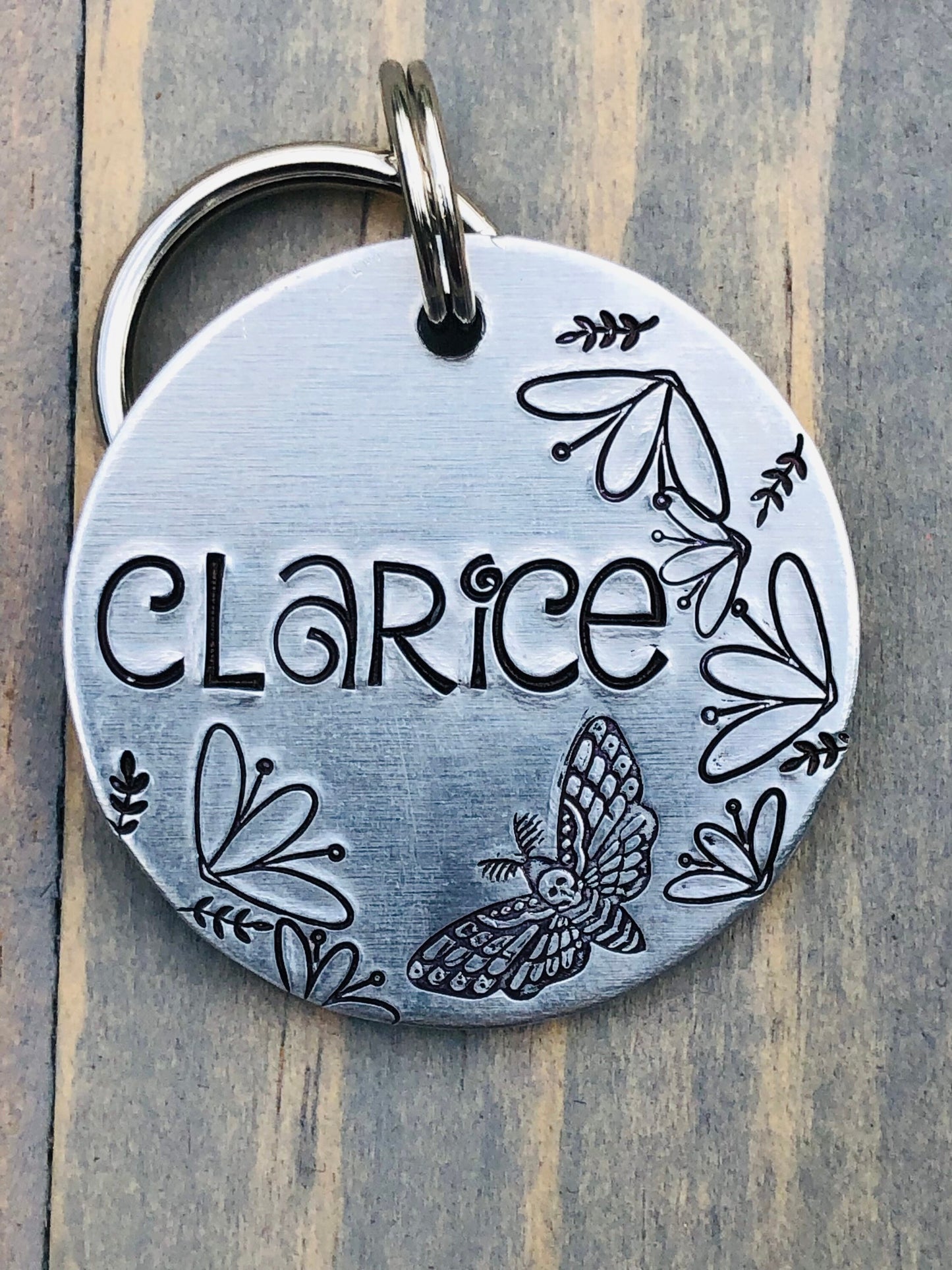 Death Moth Name Tag for Dog, Hand Stamped Pet ID Tag, Dog Tag with flowers & butterfly, Personalized Dog Tag for Dog, Hawkmoth Dog Tag,