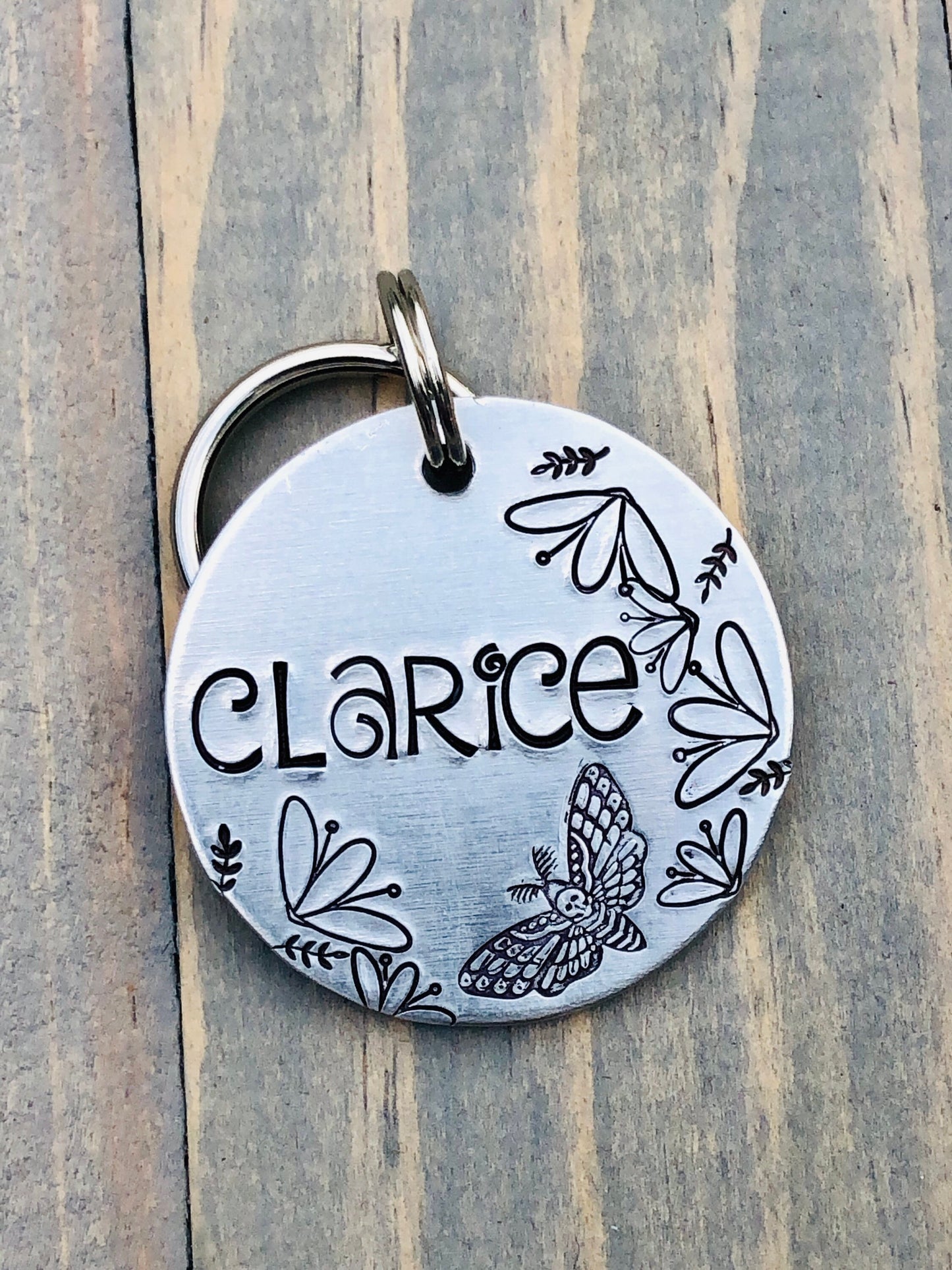 Death Moth Name Tag for Dog, Hand Stamped Pet ID Tag, Dog Tag with flowers & butterfly, Personalized Dog Tag for Dog, Hawkmoth Dog Tag,