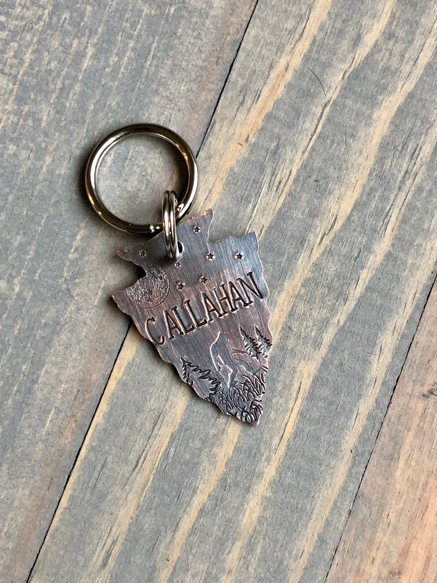 Custom Bigfoot Arrowhead Dog Tag, Hand Stamped Pet ID, Personalized Dog Tag for Dog, Arrowhead Dog Tag with Sasquatch, Full Moon