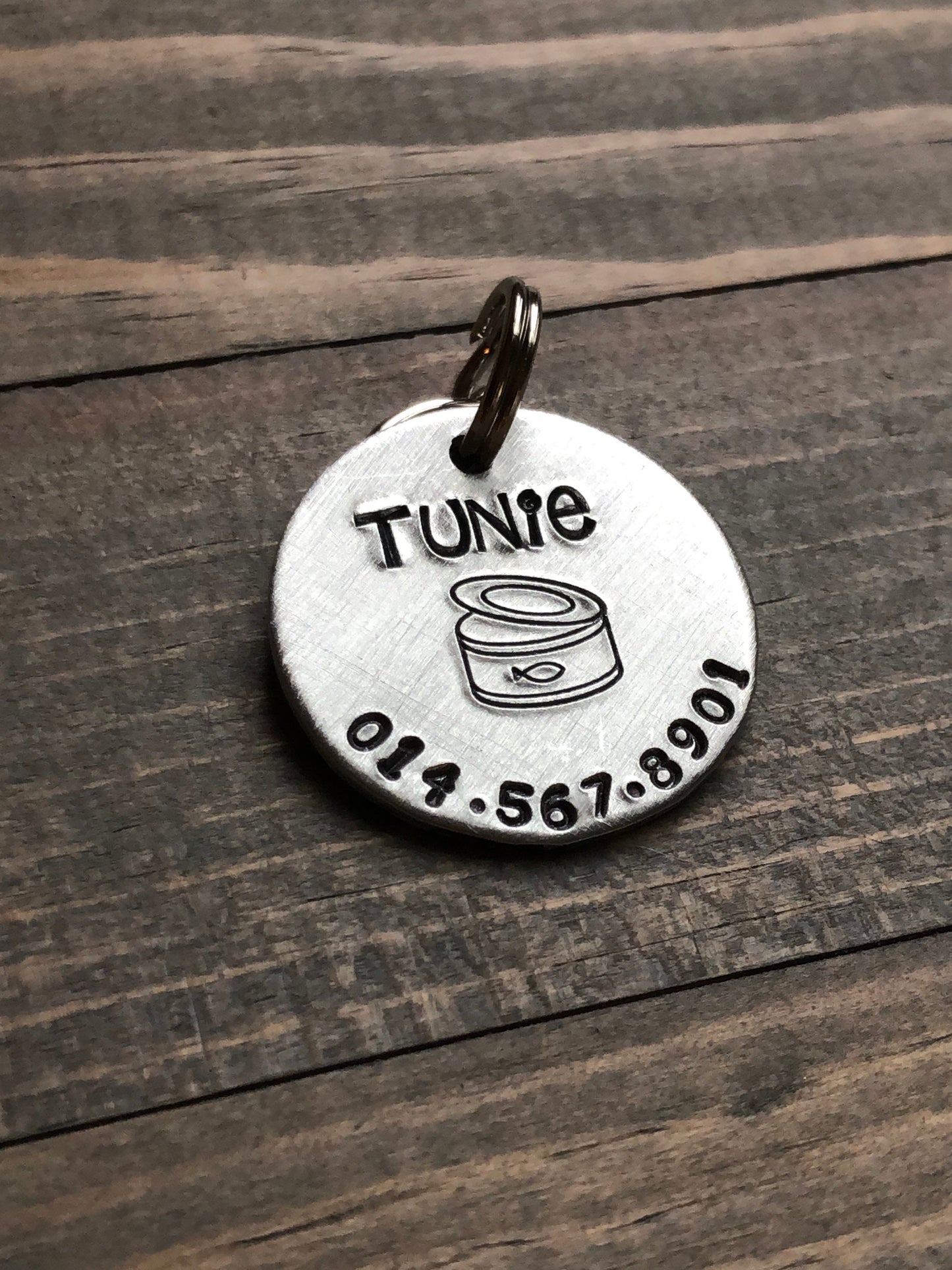 Name Tag for Cat, Hand Stamped Pet ID Tag, Tuna, Personalized Cat Tag for Kitty, Tag with Tuna Can, Cat Food Can