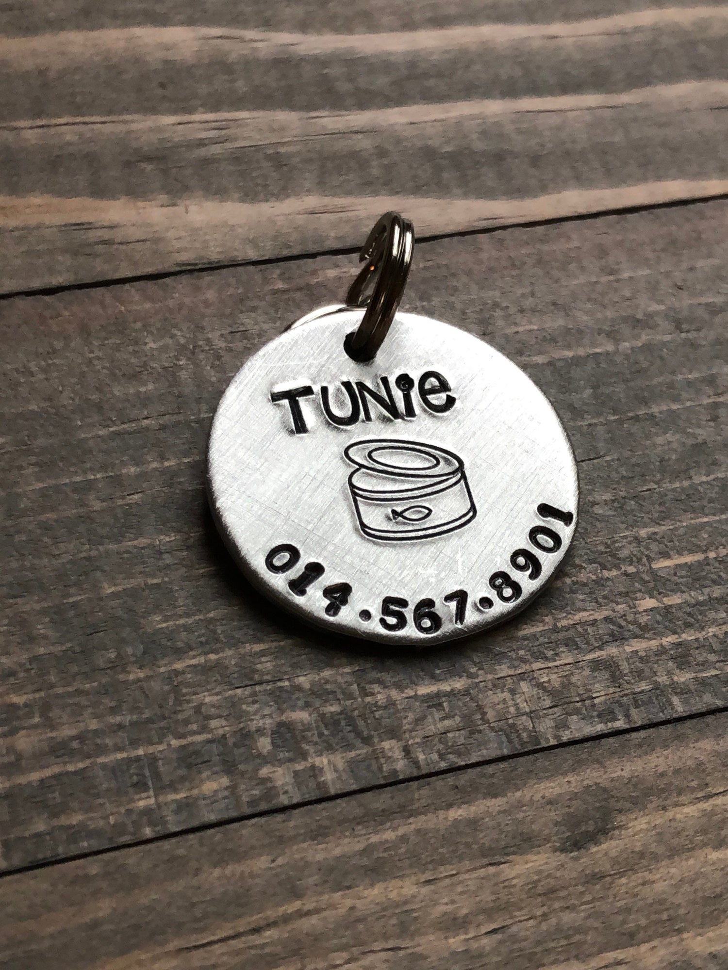Name Tag for Cat, Hand Stamped Pet ID Tag, Tuna, Personalized Cat Tag for Kitty, Tag with Tuna Can, Cat Food Can
