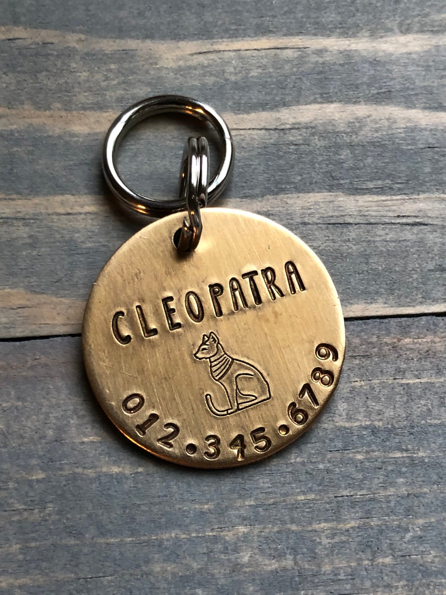 Name Tag for Cat, Hand Stamped Pet ID Tag, Cleopatra, Personalized Cat Tag for Kitty, Tag with Egyptian Cat, Sphinx