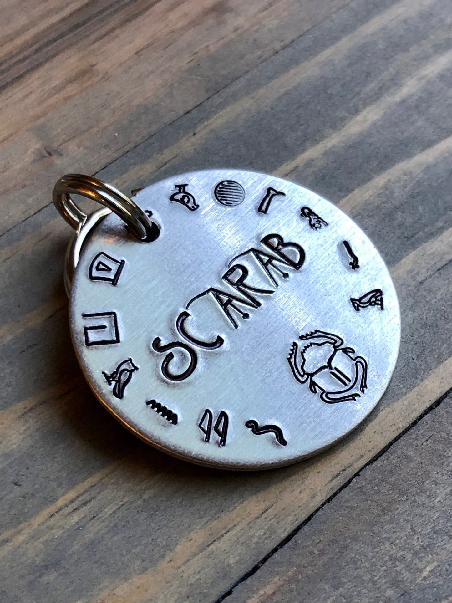 Scarab Name Tag for Dog, Hand Stamped Pet ID Tag, Egyptian Hieroglyphs, Personalized Dog Tag for Dog, Pet ID with Scarab, Rescue Dog, Adopt