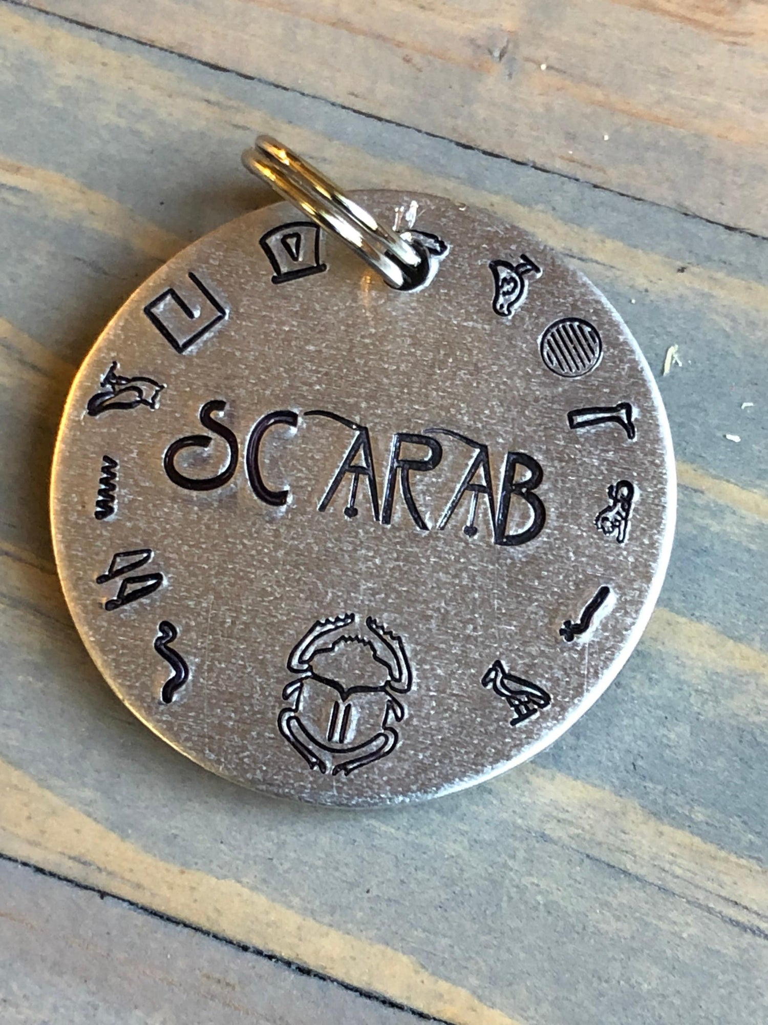 Scarab Name Tag for Dog, Hand Stamped Pet ID Tag, Egyptian Hieroglyphs, Personalized Dog Tag for Dog, Pet ID with Scarab, Rescue Dog, Adopt