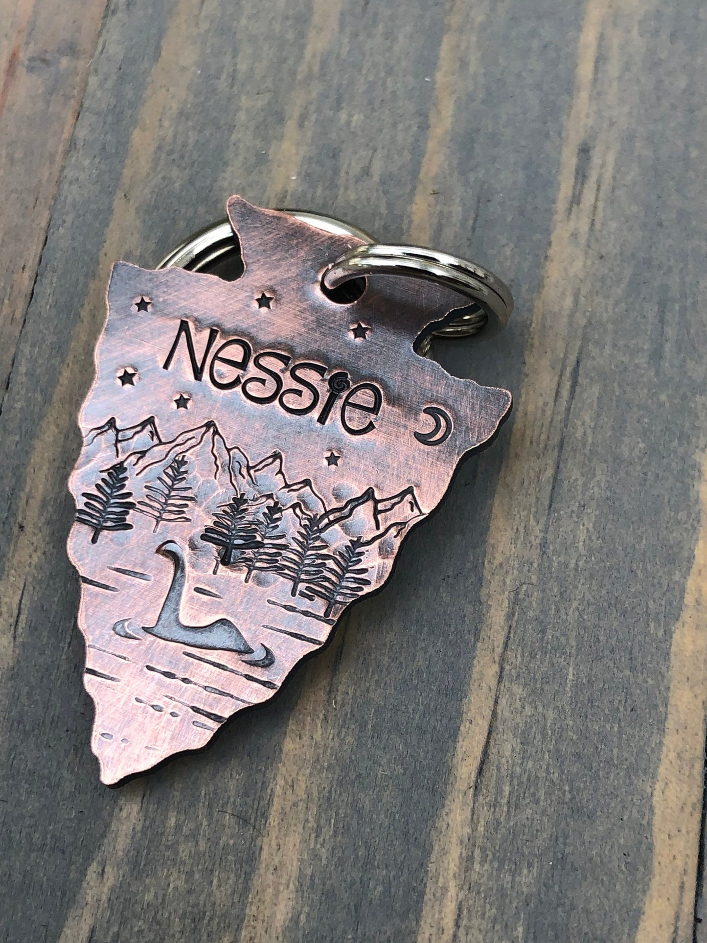 Lock Ness Monster Arrowhead Dog Tag, Hand Stamped Pet ID, Nessie Dog ID Tag, Personalized Dog Tag for Dog, Arrowhead Dog Tag