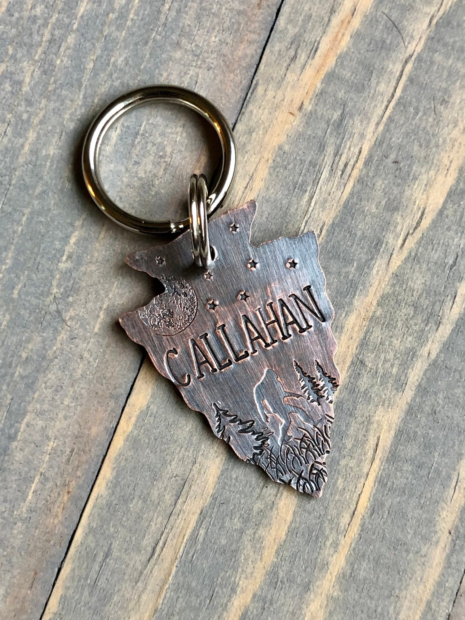 Custom Bigfoot Arrowhead Dog Tag, Hand Stamped Pet ID, Personalized Dog Tag for Dog, Arrowhead Dog Tag with Sasquatch, Full Moon