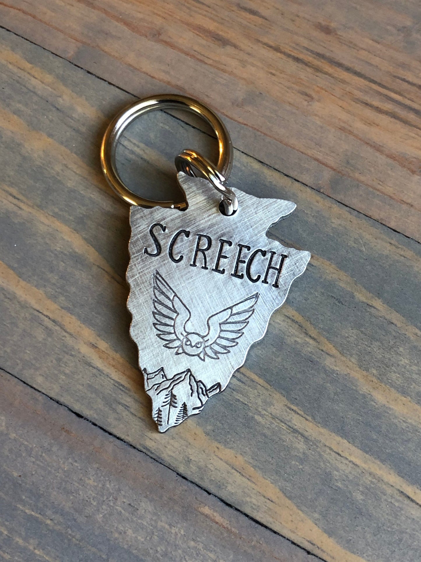 Custom Arrowhead Dog Tag, Hand Stamped Pet ID, Personalized Dog Tag for Dog, Arrowhead Dog Tag, Dog Tag with Owl, Screech, Barn Owl, Hootowl