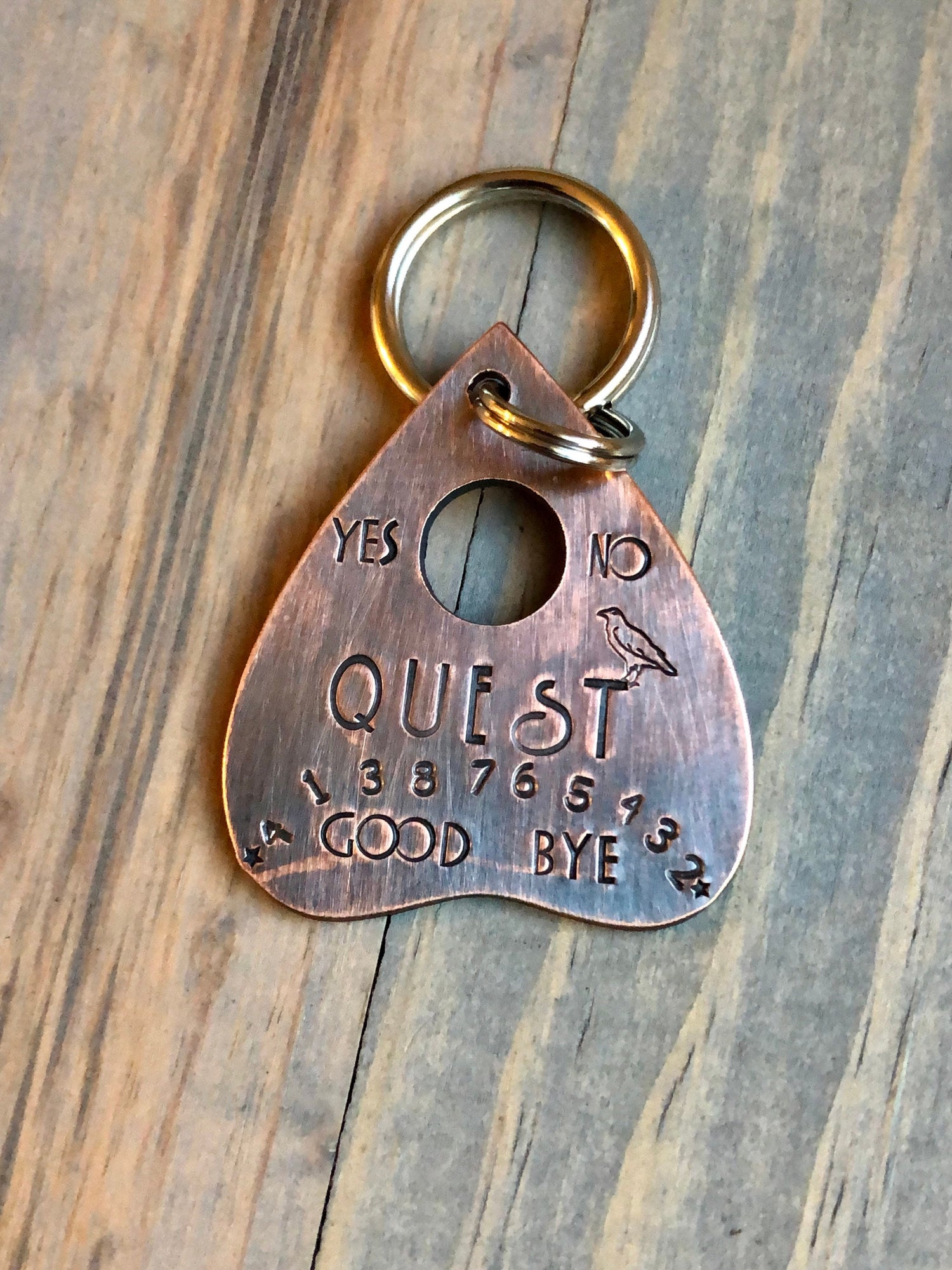 Custom Planchette Dog Tag, Hand Stamped Pet ID, Personalized Dog Tag for Dog, Halloween Collar Tag, Tag with Raven, Tag with Crow, Quest