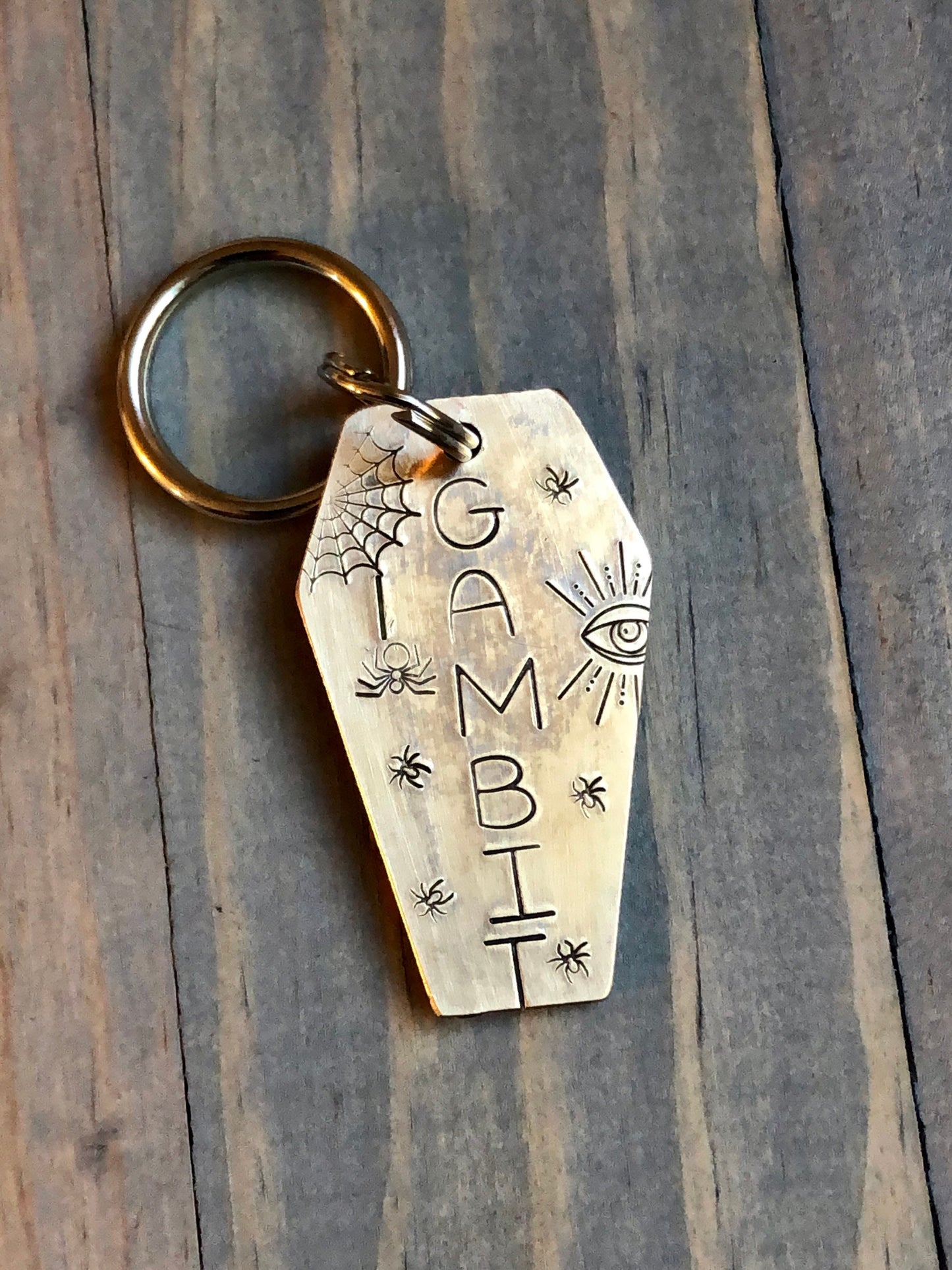 Custom Coffin Dog Tag, Hand Stamped Pet ID, Personalized Dog Tag for Dog, Halloween Collar Tag, Tag with Evil Eye and Spiders, Gambit