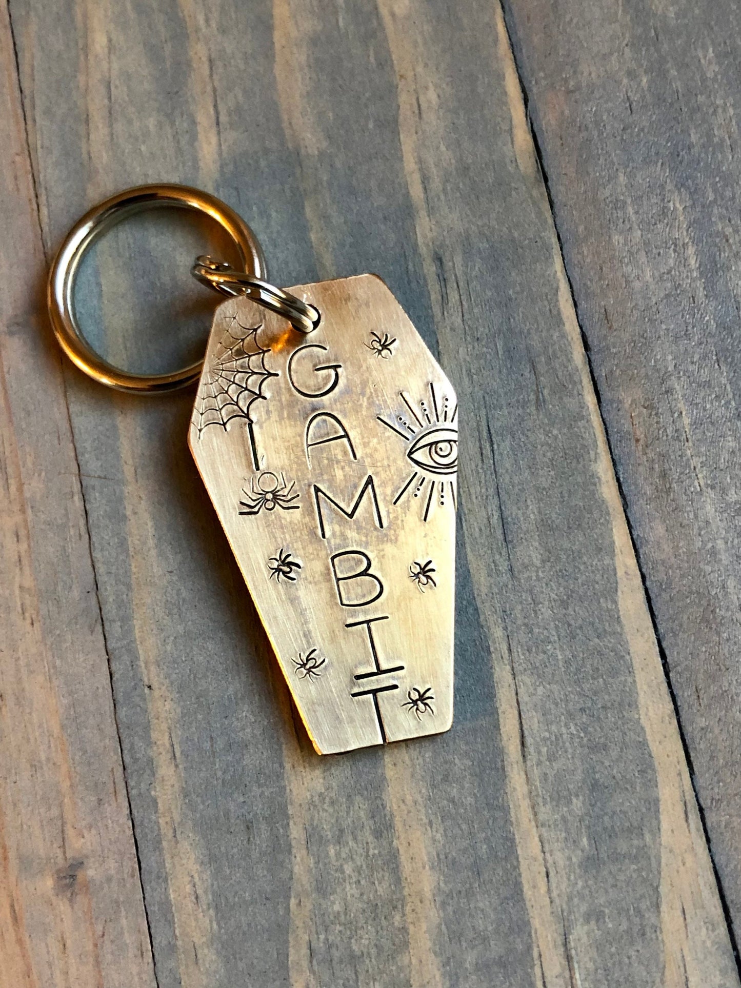 Custom Coffin Dog Tag, Hand Stamped Pet ID, Personalized Dog Tag for Dog, Halloween Collar Tag, Tag with Evil Eye and Spiders, Gambit