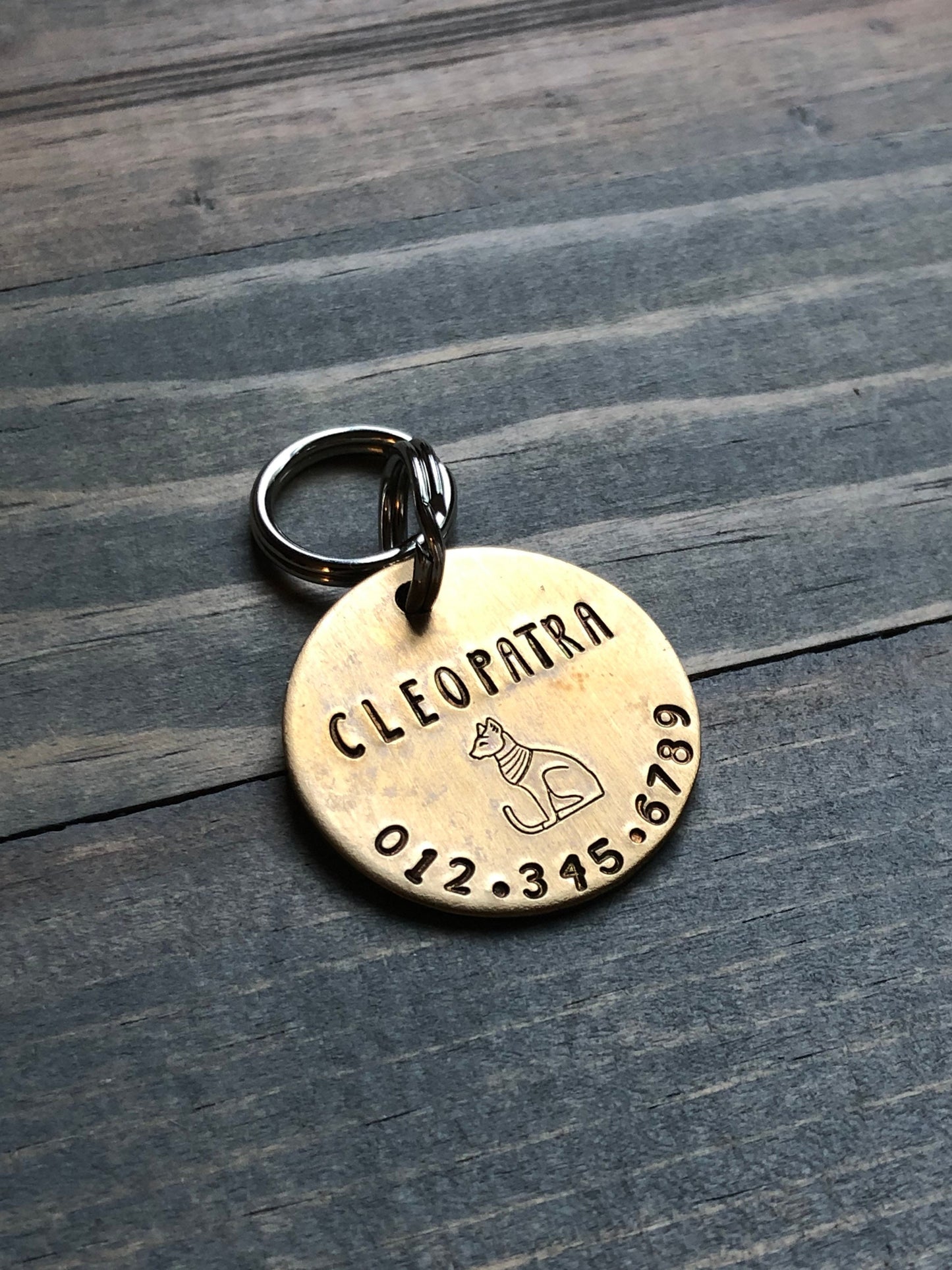 Name Tag for Cat, Hand Stamped Pet ID Tag, Cleopatra, Personalized Cat Tag for Kitty, Tag with Egyptian Cat, Sphinx