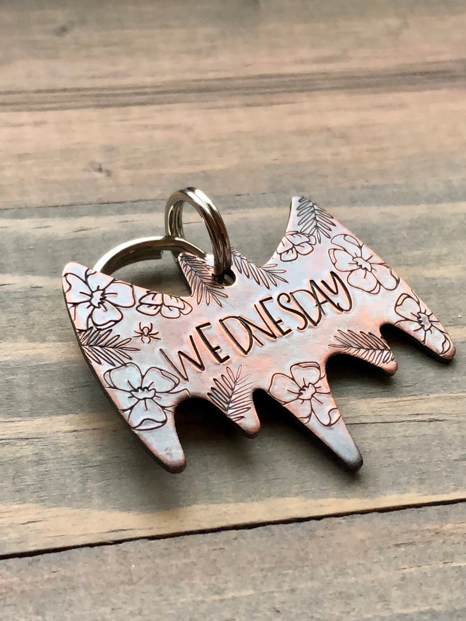 Custom Dog Tag, Bat Shaped Pet ID, Bat Dog Tag, Dog Collar with Flowers, Flowered Bat Pet Tag, Personalized Dog Tag, Tattoo Pet Tag
