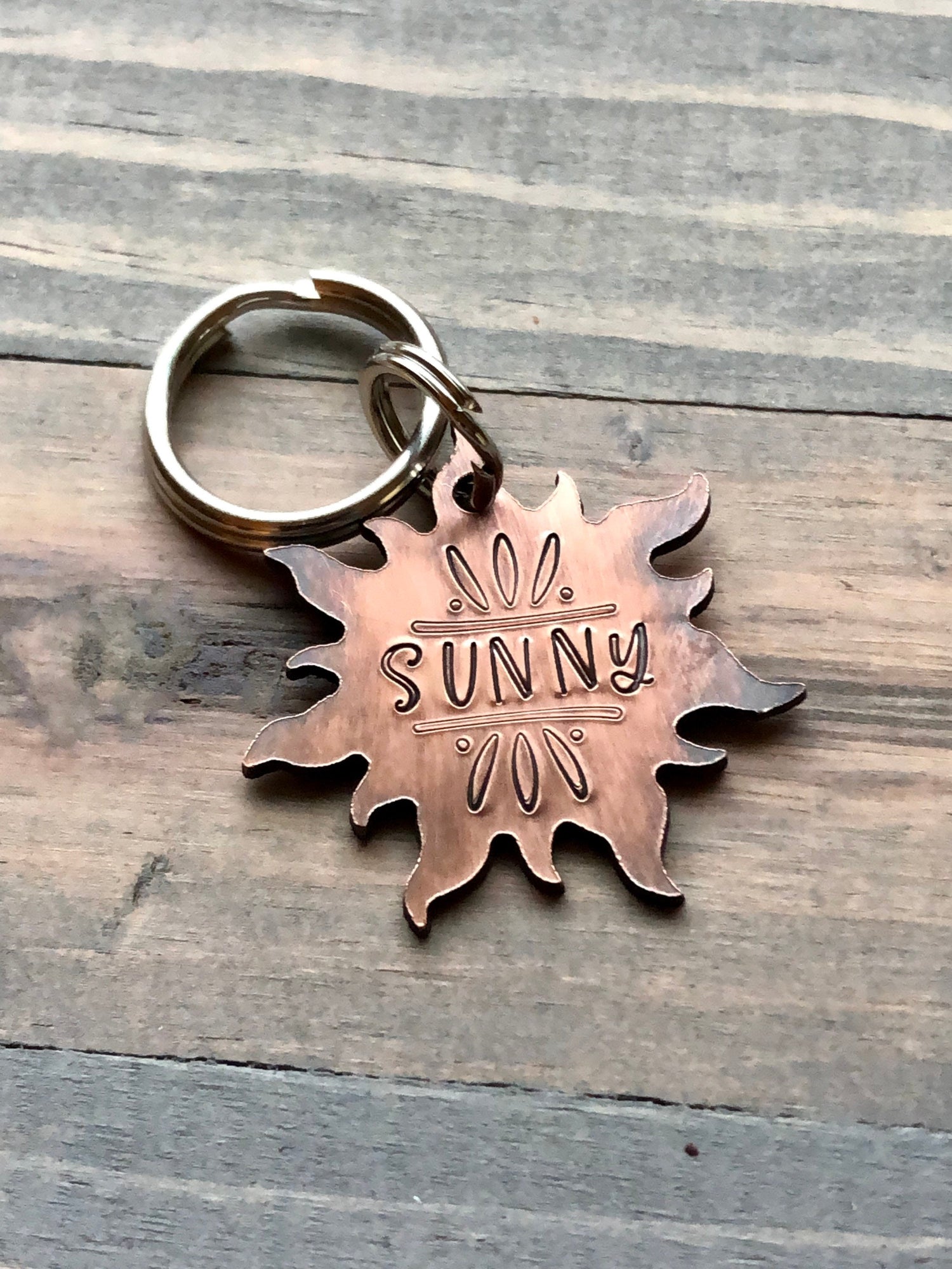 Sun Dog Name Tag for Dog, Hand Stamped Pet ID Tag,  Personalized Dog Tag for Pet, Sun Shaped Dog ID Tag, Sunburst Pet ID