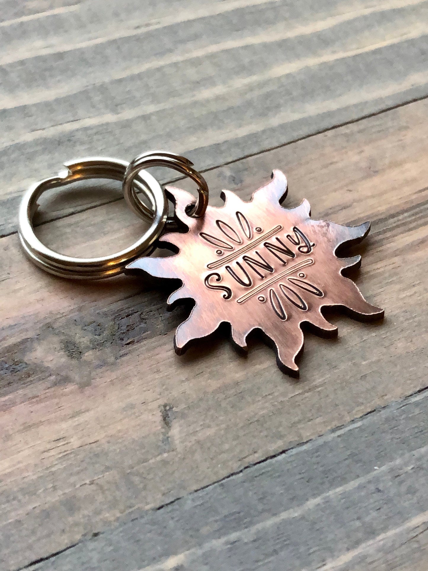 Sun Dog Name Tag for Dog, Hand Stamped Pet ID Tag,  Personalized Dog Tag for Pet, Sun Shaped Dog ID Tag, Sunburst Pet ID