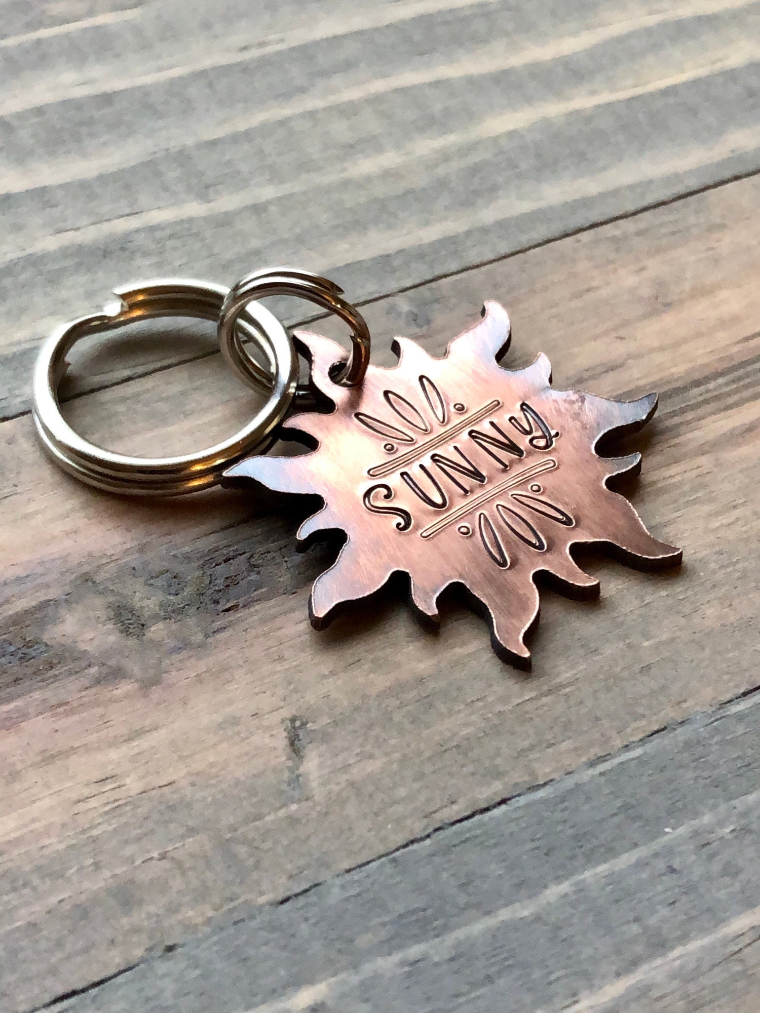 Sun Dog Name Tag for Dog, Hand Stamped Pet ID Tag,  Personalized Dog Tag for Pet, Sun Shaped Dog ID Tag, Sunburst Pet ID