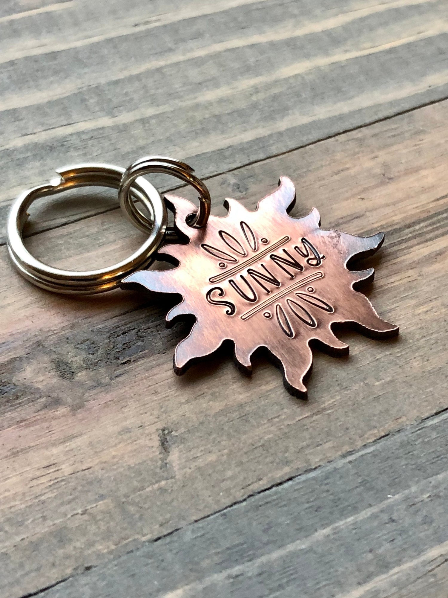 Sun Dog Name Tag for Dog, Hand Stamped Pet ID Tag,  Personalized Dog Tag for Pet, Sun Shaped Dog ID Tag, Sunburst Pet ID