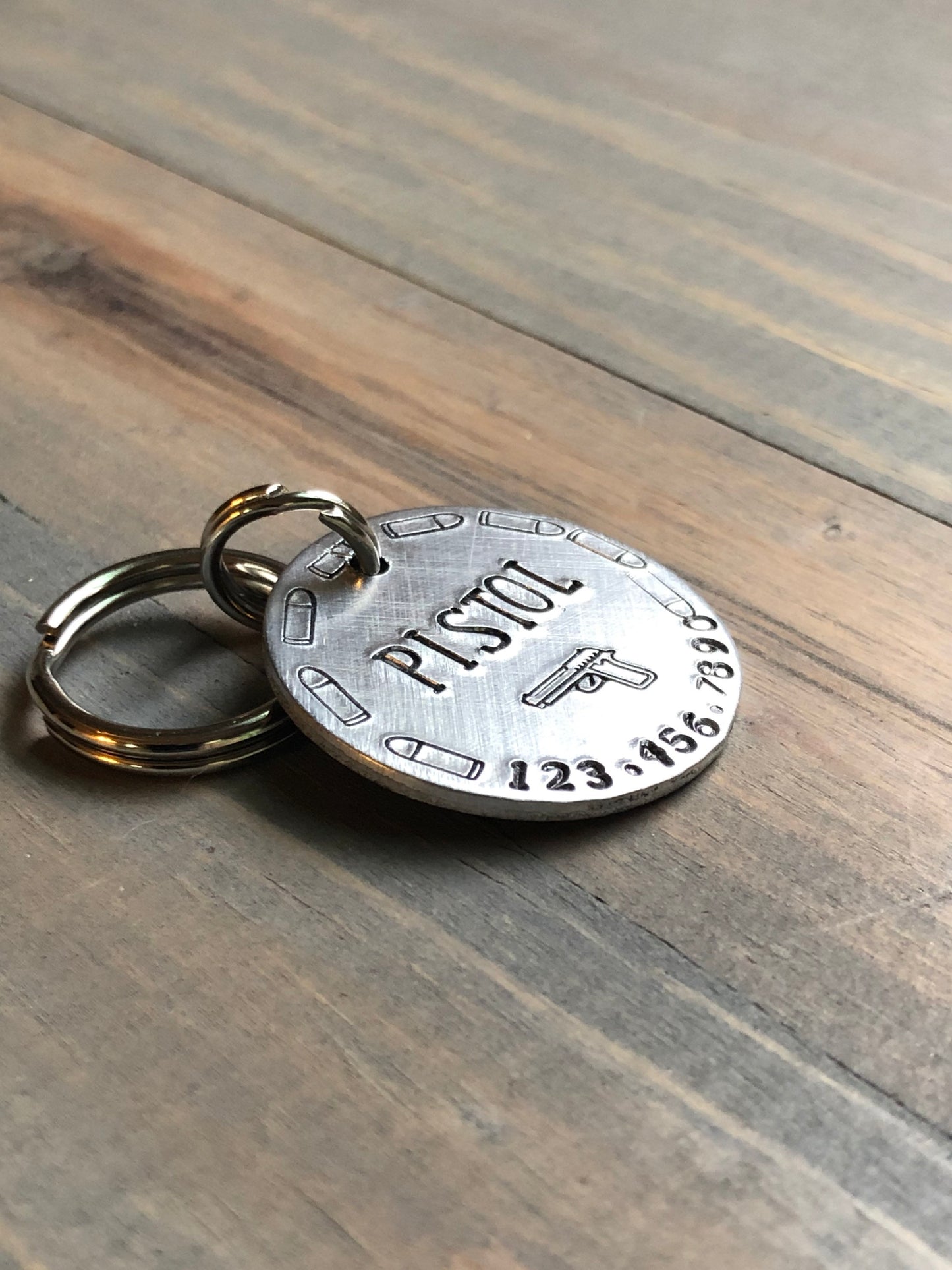 Gun Name Tag for Dog, Hand Stamped Pet ID Tag with bullets, Dog Tag for Gun lover, Personalized Dog Tag for Dog, Revolver, Custom Pet ID