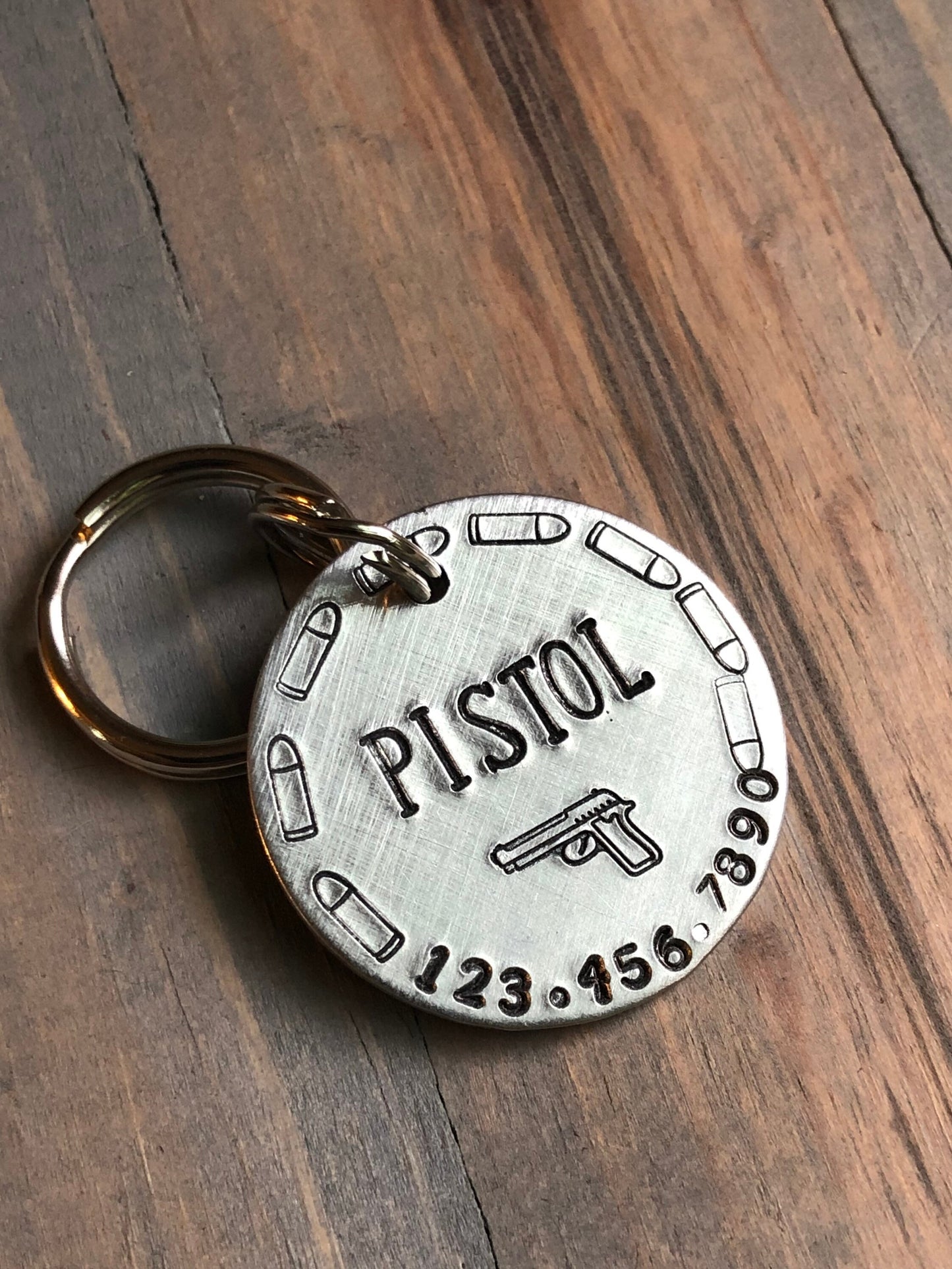 Gun Name Tag for Dog, Hand Stamped Pet ID Tag with bullets, Dog Tag for Gun lover, Personalized Dog Tag for Dog, Revolver, Custom Pet ID