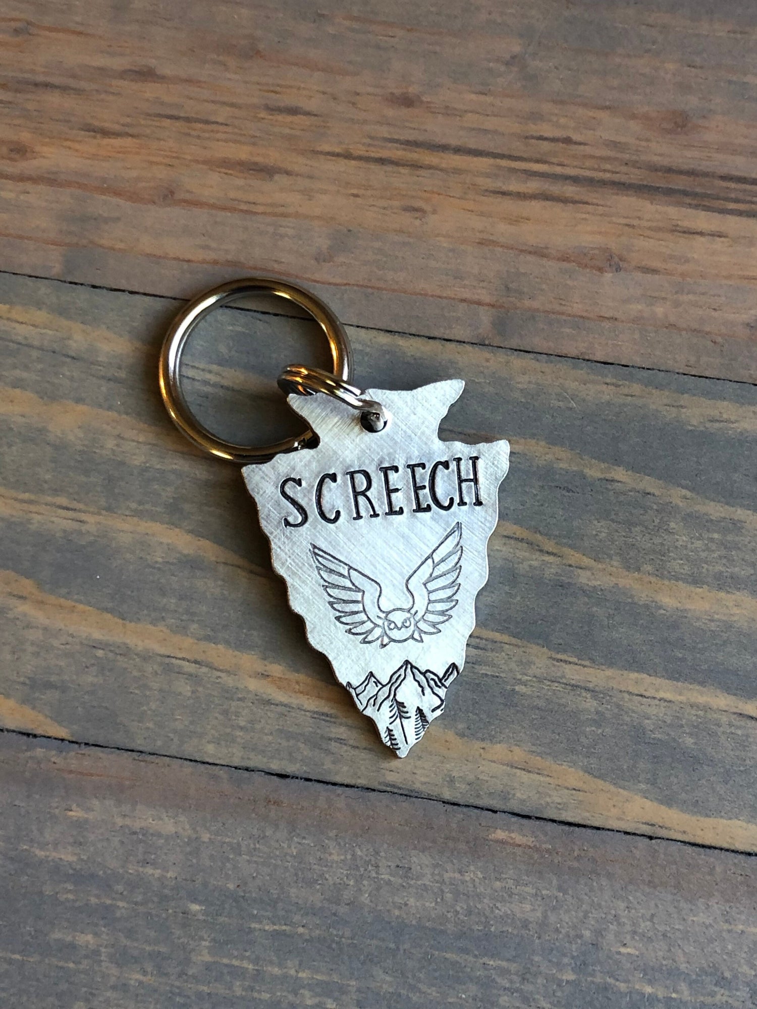 Custom Arrowhead Dog Tag, Hand Stamped Pet ID, Personalized Dog Tag for Dog, Arrowhead Dog Tag, Dog Tag with Owl, Screech, Barn Owl, Hootowl