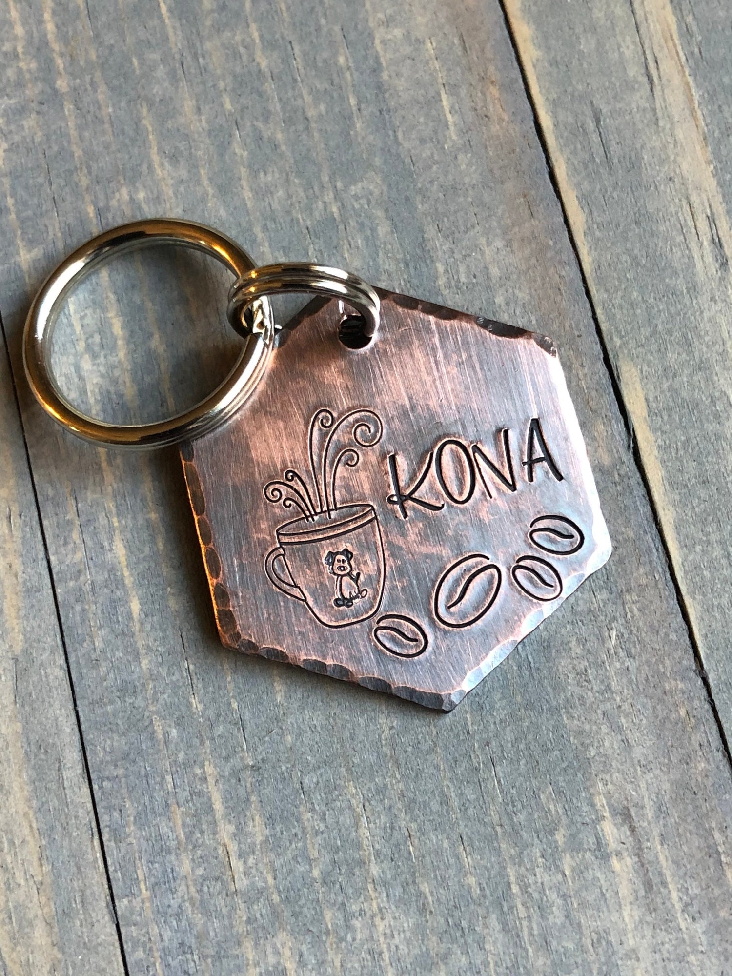 Coffee Name Tag for Dog, Hand Stamped Pet ID Tag, Coffee Beans, MochaTag, Personalized Dog Tag for Dog, Java Tag,  Kona Tag with Mug & Beans