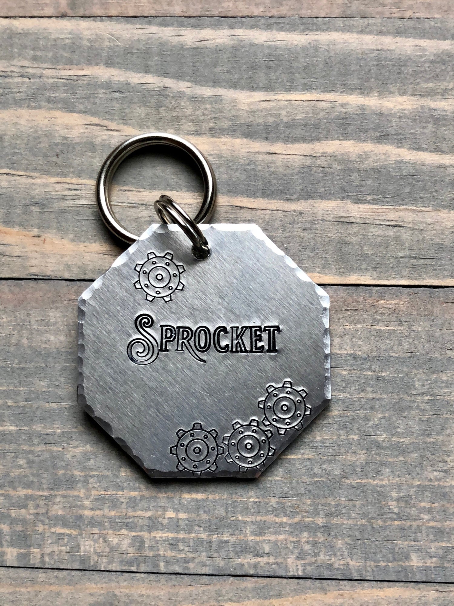 Sprocket Name Tag for Dog, Gearhead Hand Stamped Pet ID Tag, Gears, Personalized Dog Tag for Dog, Mechanic Dog Tag, Octagon Dog Tag